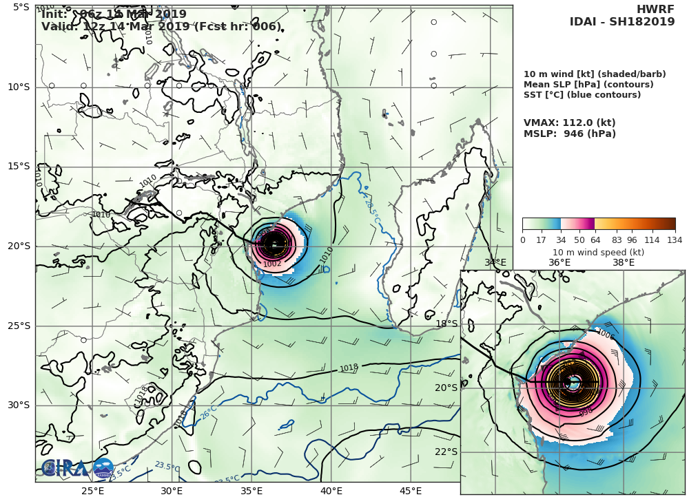 15UTC: Cyclone IDAI(18S) life-threatning category 3 US set to make landfall very close to Beira shortly before 12 hours