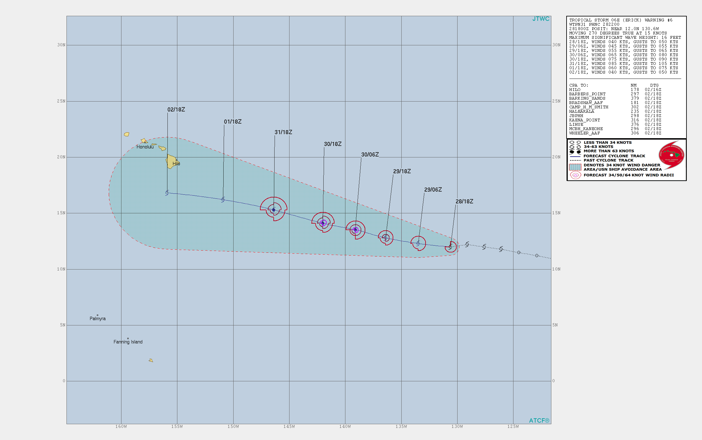 WARNING 6. FORECAST PEAK INTENSITY NEAR 85KNOTS(CATEGORY 2) IN 72H