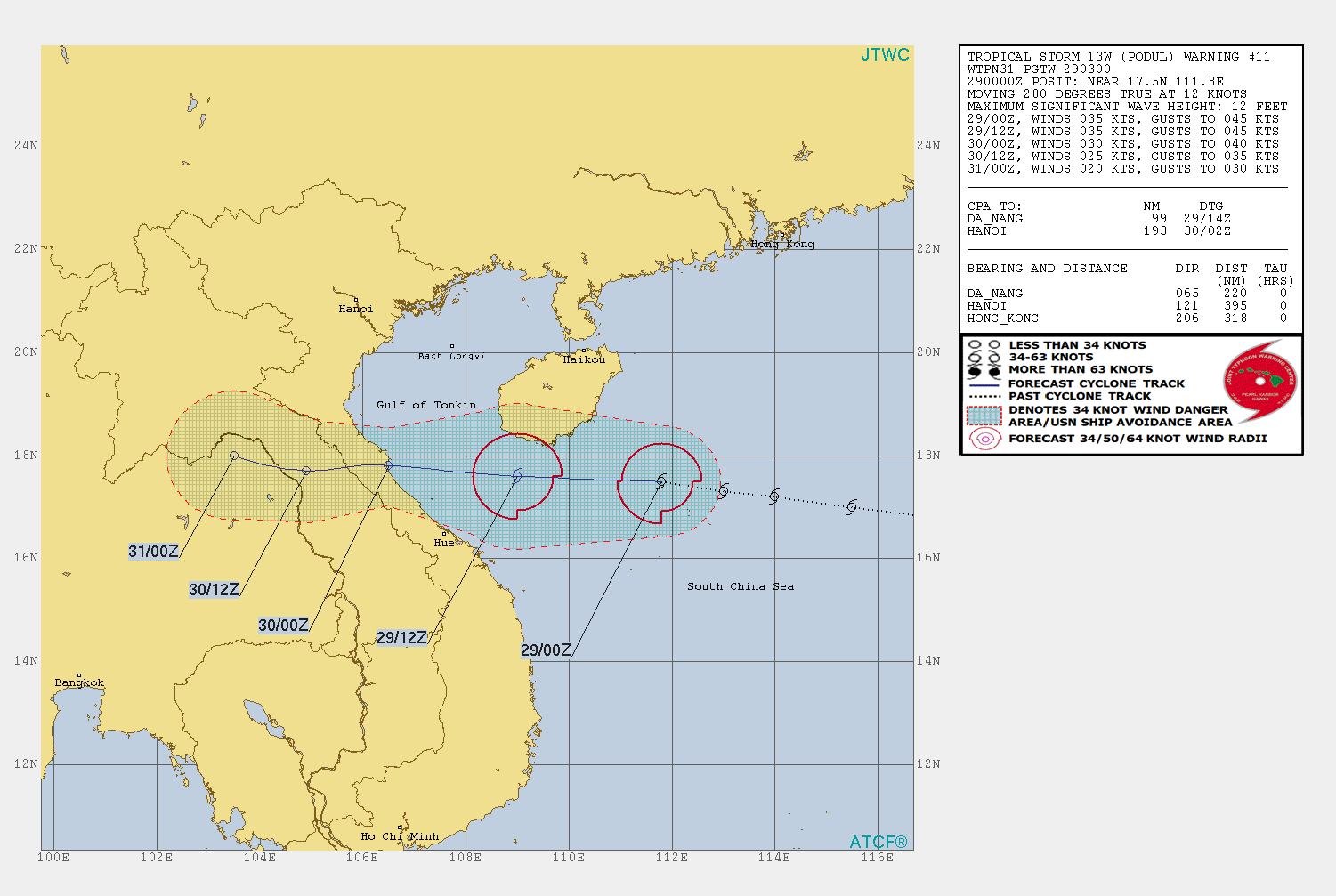 PODUL(13W) tracking to the south of Hainan but has failed to intensify 