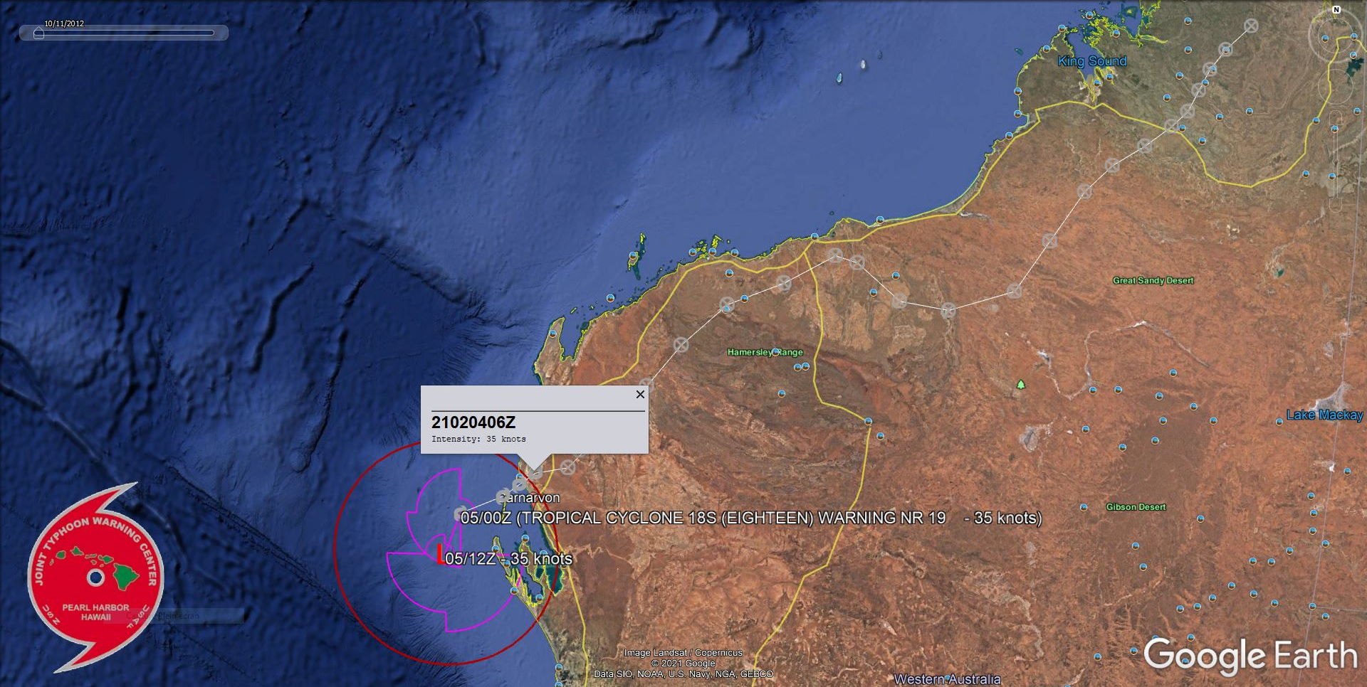 18S((EIGHTEEN). WARNING 19/FINAL. TC 18S WILL CONTINUE SOUTHWARD AS A SUBTROPICAL RIDGE BUILDS EAST OF THE  SYSTEM OVER WESTERN AUSTRALIA. DUE TO THE SOUTHWARD TRACK, THE SYSTEM  WILL MOVE UNDER THE SUBTROPICAL WESTERLIES WITH INCREASING VWS (30-45  KNOTS). TC 18S IS EXPECTED TO FULL TRANSITION INTO A SUBTROPICAL  CYCLONE AS IT TRACKS POLEWARD UNDER OVER COOLING SEAS.THE SYSTEM SPENT THE LARGE MAJORITY OF ITS LIFETIME OVER-LAND. PEAK INTENSITY WAS 35KNOTS.