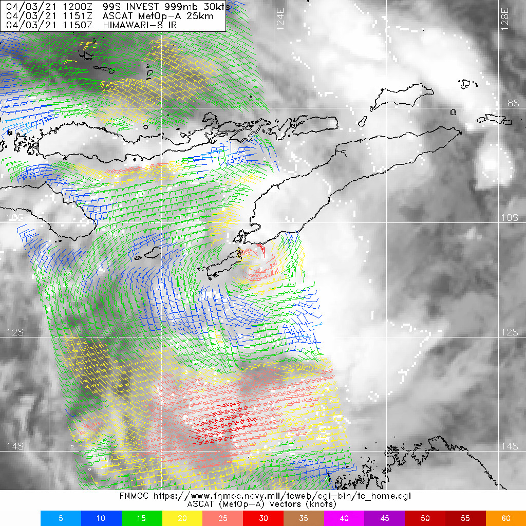 INVEST 99S. A 031150Z METOP-A ASCAT PASS  REVEALS A TIGHT LLCC WITH A SMALL, BUT ENHANCED, WIND FIELD OF 20 TO  30 KNOTS WITH A COUPLE 35 KNOT WIND BARBS TO THE NORTH.