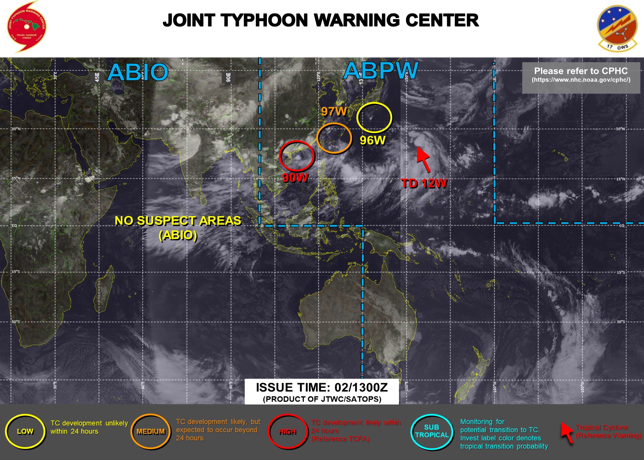 02/15UTC. INVEST 98W WAS UP-GRADED TO TD 12W AT 02/09UTC. A TROPICAL CYCLONE FORMATION ALERT WAS ISSUED AT 02/13UTC FOR INVEST 90W. INVEST 97W IS MEDIUM WHEREAS DEVELOPMENT IS STILL DEEMED UNLIKELY FOR INVEST 96W. JTWC IS ISSUING 6HOURLY WARNINGS ON 12W AND 3HOURLY SATELLITE BULLETINS ON 12W AND 90W.