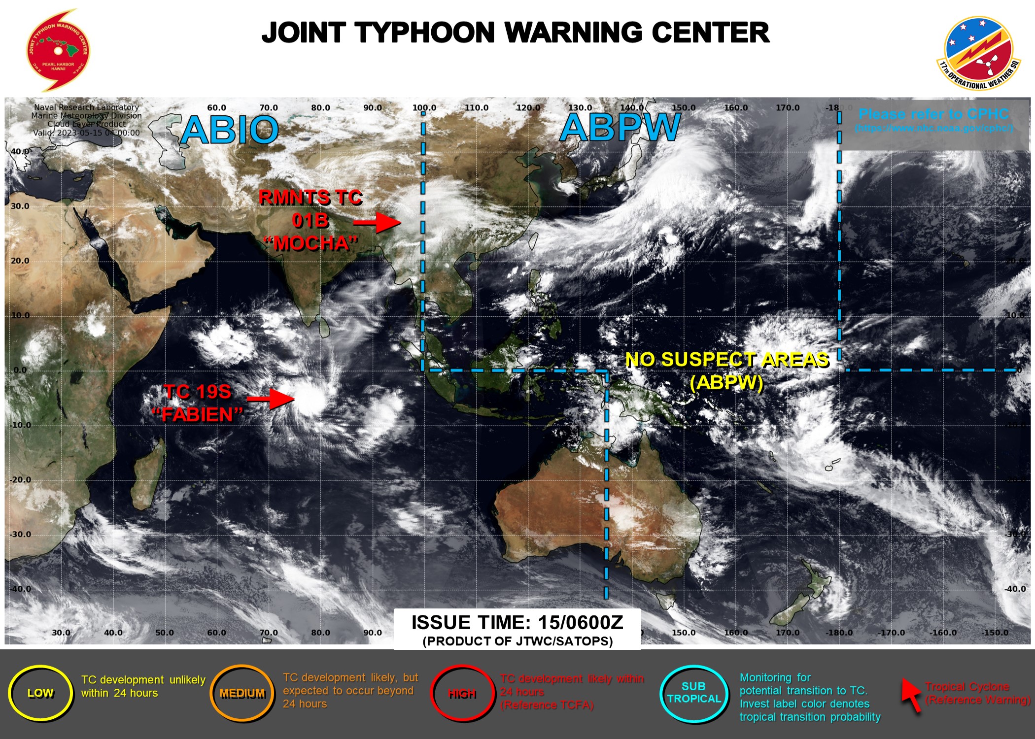 JTWC IS ISSUING 6HOURLY WARNINGS AND 3HOURLY SATELLITE BULLETINS ON TC 19S(FABIEN). 3HOURLY SATELLITE BULLETINS WERE DISCONTINUED ON THE REMNANTS OF TC 01B(MOCHA) AT 15/0530UTC.