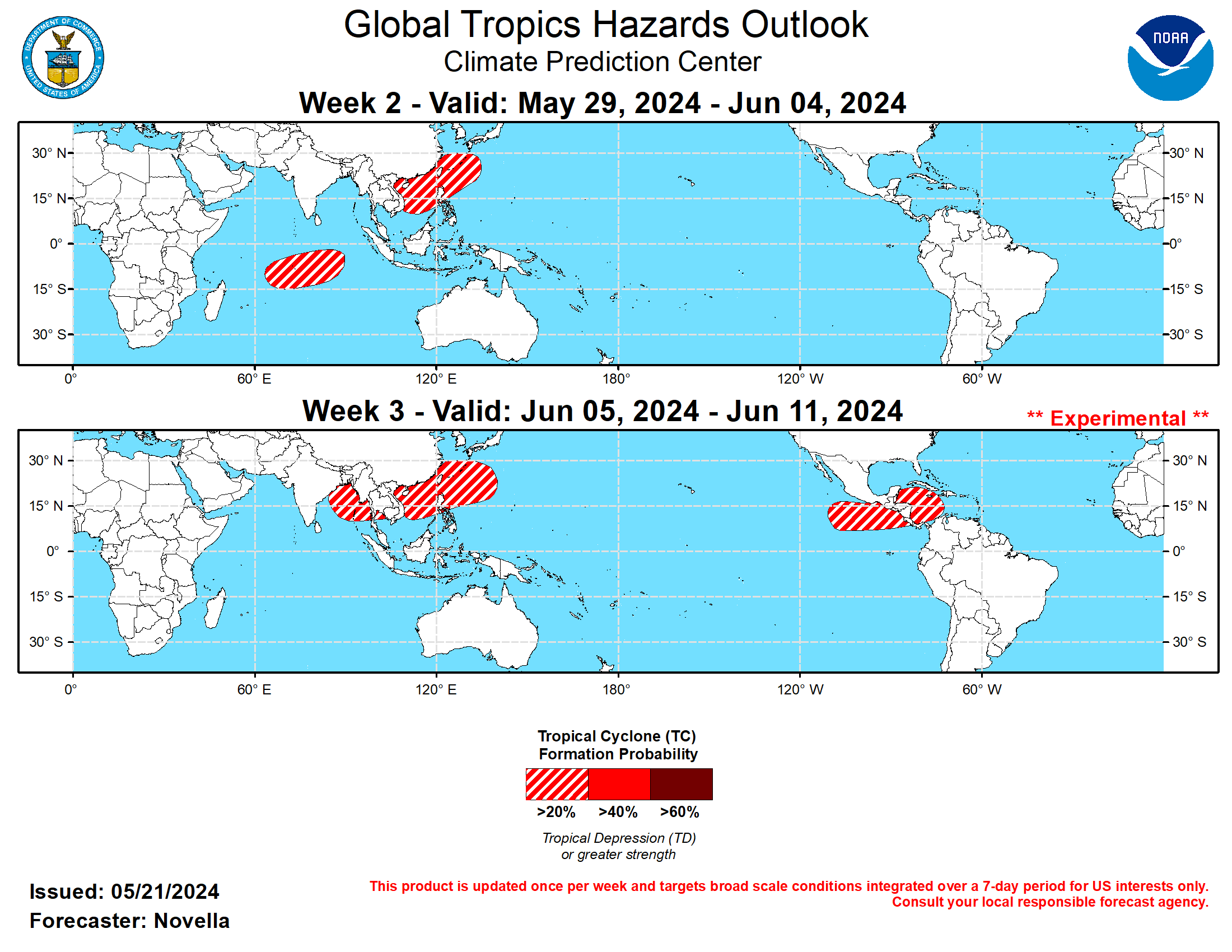 GTH Outlook Discussion Last Updated - 05/21/24 Valid - 05/29/24 - 06/11/24 As previously forecast, the Madden-Juilan Oscillation (MJO) showed better signs of reorganization over the Indian Ocean during the past week. The renewal is well supported in RMM space which continues to depict an emerging and eastward propagating signal over phase 3, as well as the upper-level velocity potential anomaly fields which reveal a better spatial definition of the enhanced and suppressed envelopes across the global tropics. Objective wavenumber-frequency filtering of these anomaly fields also show a good deal of continued equatorial Kelvin and Rossby wave activity in the eastern Hemisphere, which has aided in the large-scale enhancement of convection and divergence aloft over the Indian Ocean.  The tropical perspective largely remains on track since last week, as dynamical models are supportive of the continued eastward propagation of the MJO over the Maritime Continent. Tropical Cyclone (TC) development remains favored in the Indian Ocean and western Pacific through the end of May, however the MJO picture becomes much less clear heading later into June. Consistent with the two previous trips of the MJO over the Maritime Continent this spring, RMM forecasts feature a rapid weakening of the signal over phase 5 early next month with some ensemble members reaching the western Pacific at a low amplitude. Upper-level velocity potential anomaly forecasts from the GEFS, CFSv2, and ECMWF have fallen more in-line with the weaker RMM guidance, but suggest that any disorganization may be tied to destructive interference with an emerging low frequency circulation response over the Maritime Continent. Such a response would be consistent, albeit early, with the transitioning ENSO state, as any western Pacific and/or western Hemisphere MJO activity may have difficulty maintaining a canonical wave-1 structure propagating eastward with time. Notwithstanding, objective filtering of these fields do show some semblance of MJO activity and enhanced divergence aloft reaching the tropical Americas (mainly expressed north of the equator) by the week-3 period, which could provide more favorable conditions for tropical cyclogenesis over the eastern Pacific and the Caribbean later in June.  The recent amplification of the MJO, as well as the aforementioned modes of tropical variability traversing the Indian Ocean, resulted in a strong uptick in lower-level westerlies along the equator, and generated a pair of remarkably low-latitude, late season TCs forming in the southern basin. Since forming on 5/17 near 9S/53E, TC Ialy strengthened to Tropical Storm intensity while recurving northwestward under the steering influence of a subtropical ridge over eastern equatorial Africa. The Joint Typhoon Warning Center (JTWC) expects Ialy to succumb to dry air entrainment and fully dissipate in the next day or so, though its remnant circulation may bring elevated winds and increased precipitation amounts to parts of coastal Kenya and southern Somalia. Farther east, TC 25S formed near 2S/75E on 5/19 and dissipated earlier today. Despite being weak and short-lived, this TC is notable for forming so close to the equator where Coriolis is nearly zero, and underscores the potency of the strengthening equatorial westerlies associated with the renewed MJO.  During week-1, lower-level wind anomaly forecasts feature another surge of westerlies (possible wind burst event) between 80E to 90E along the equator favorable for additional TC development. Deterministic model solutions are nearly unanimous in forming a TC in the Bay of Bengal later this week, however a secondary signal emerges in the probabilistic TC genesis tools south of the equator late in week-1. Usually, climatology dictates that any TC potential south of the equator would be rather dubious for late May, but in light of the multiple TCs forming in the southern Indian Ocean during the past week, this potential is not being ruled out and 20% chances for genesis are posted from approximately 65E to 90E in the week-2 outlook. Following potential TC development favored to the east of the Philippines during week-1, 20% chances are also posted from the South China Sea to the south of Japan where anomalous lower-level westerlies and deepening mean low pressure are favored in the GEFS and ECMWF ensembles, with support from TC composites featuring increased chances above climatology during Apr-Jun phase 4 and 5 MJO events in the highlighted area.  Based on these composites and extended range probabilistic TC tools maintaining increased signals for TC development in the northern Indian Ocean and western Pacific, 20% chances are issued from the Bay of Bengal to the Philippine Sea for week-3. Higher chances (40%) were considered based on the GEFS, however the ECMWF remains more muted with this potential. Despite some of the uncertainties with the coherence of the MJO as it propagates eastward, there is good agreement between the GEFS and ECMWF featuring a flip from an enhanced trade regime to anomalous lower-level westerlies overspreading the tropical Americas during week-3. With more favorable upper-level conditions predicted to help relax shear, and record breaking warm sea surface temperatures in the Caribbean (much of the region is well in excess of 29 degrees C), 20% chances for TC development are also issued from the eastern Pacific to the southwestern Caribbean.