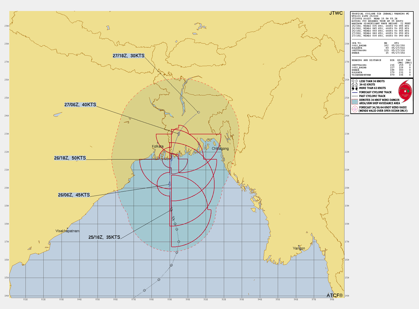 FORECAST REASONING.  SIGNIFICANT FORECAST CHANGES: THERE ARE NO SIGNIFICANT CHANGES TO THE FORECAST FROM THE PREVIOUS WARNING.  FORECAST DISCUSSION: TROPICAL CYCLONE (TC) 01B IS FORECAST TO TRACK NORTHWARD THROUGH TAU 24, MAKING LANDFALL NEAR THE BORDER REGION OF INDIA AND BANGLADESH AT TAU 24. DUE TO THE FAVORABLE ENVIRONMENTAL CONDITIONS, THE SYSTEM IS EXPECTED TO INTENSIFY STEADILY THROUGH TAU 24 WITH A PEAK INTENSITY OF 50 KNOTS AT TAU 24. THE SYSTEM WILL LIKELY REMAIN STRONG THROUGH TAU 30 AS IT TRACKS INLAND OVER THE WARM, WET DELTA REGION. AFTER TAU 30, THE SYSTEM WILL TURN NORTHEASTWARD ALONG THE NORTHWEST PERIPHERY OF THE STR WHILE RAPIDLY DISSIPATING. DUE TO THE BROAD NATURE OF THE SYSTEM, HEAVY RAINFALL AND THE STRONGEST WINDS ARE EXPECTED TO BE DISPLACED AWAY FROM THE CENTER.