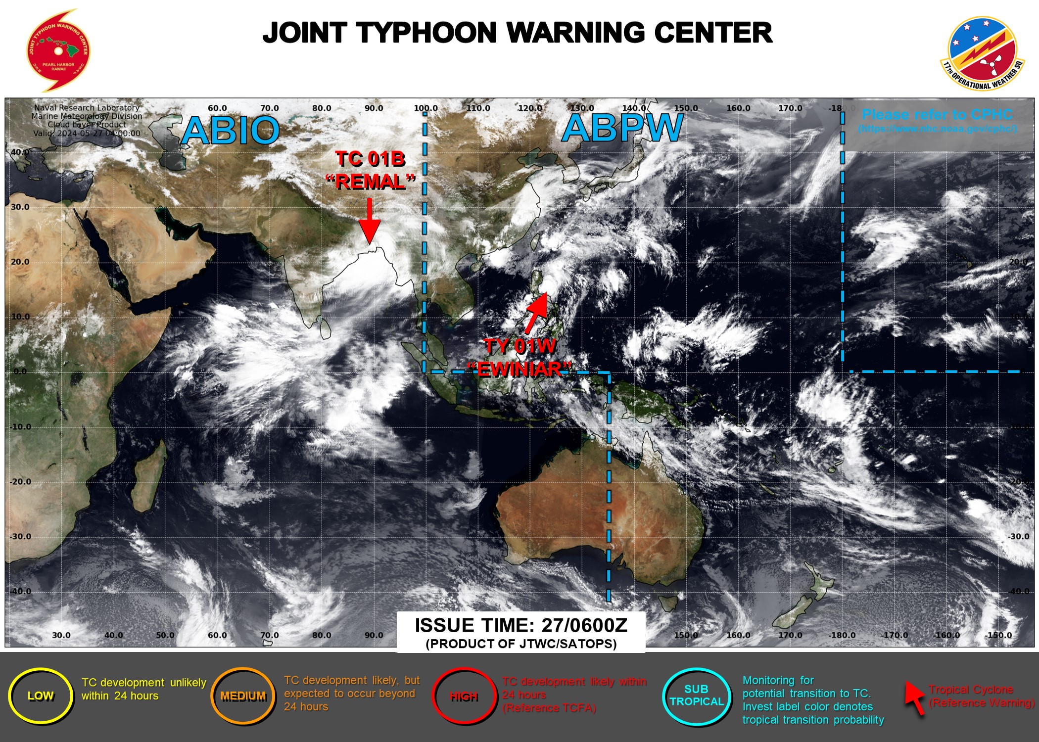 JTWC IS ISSUING 6HOURLY WARNINGS AND 3HOURLY SATELLITE BULLETINS ON 01W. 3HOURLY SATELLITE BULLETINS ARE ISSUED ON 01B OVERLAND REMNANTS
