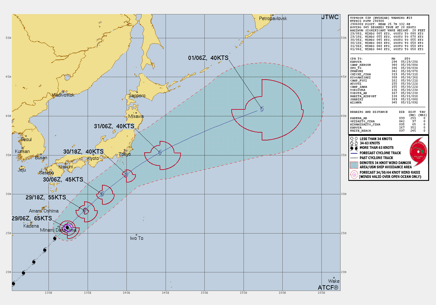 FORECAST REASONING.  SIGNIFICANT FORECAST CHANGES: THERE ARE NO SIGNIFICANT CHANGES TO THE FORECAST FROM THE PREVIOUS WARNING.  FORECAST DISCUSSION: TY 01W IS FORECASTED TO CONTINUE TO TRACK NORTHEASTWARD AROUND THE WESTERN AND NORTHWESTERN PERIPHERY OF THE DEEP-LAYER SUBTROPICAL STEERING RIDGE THROUGH TAU 72 OF THE FORECAST. THE TYPHOON IS EXPECTED TO BEGIN ENTERING A GENERALLY NON-CONDUCIVE ENVIRONMENT FOR FURTHER INTENSIFICATION AS MODERATE TO STRONG VWS (20-30 KTS) WILL INCREASE THROUGHOUT THE NEXT 12 HOURS. ALTHOUGH SEA SURFACE TEMPERATURES REMAIN WARM (26-28 C) AND UPPER-LEVEL OUTFLOW IS SUPPORTIVE OF FURTHER DEEPENING IN THE PHILIPPINE SEA, THE INFLUENCE FROM THE MID-LATITUDE WESTERLIES WITH STRONG VWS WILL CAUSE CONTINUED WEAKENING UNTIL EXTRATROPICAL TRANSITION TO AN ASYMMETRIC COLD-CORE BAROCLINIC LOW. AS TY 01W CONTINUES TO TRACK NORTHEASTWARD BETWEEN TAU 12 AND TAU 18, COOL SEA SURFACE TEMPERATURES (25-27 C) WILL AID IN THE STEADY WEAKENING OF THE SYSTEM. INTO TAU 36, THE TYPHOON WILL BEGIN UNDERGOING EXTRATROPICAL TRANSITION AS DRY AIR ENTRAINS INTO THE CORE STRUCTURE, AND COLD-AIR ADVECTION AMPLIFIES FROM THE NORTHWEST AND LASTS THROUGH THE REMAINDER OF THE 72 HOUR FORECAST.