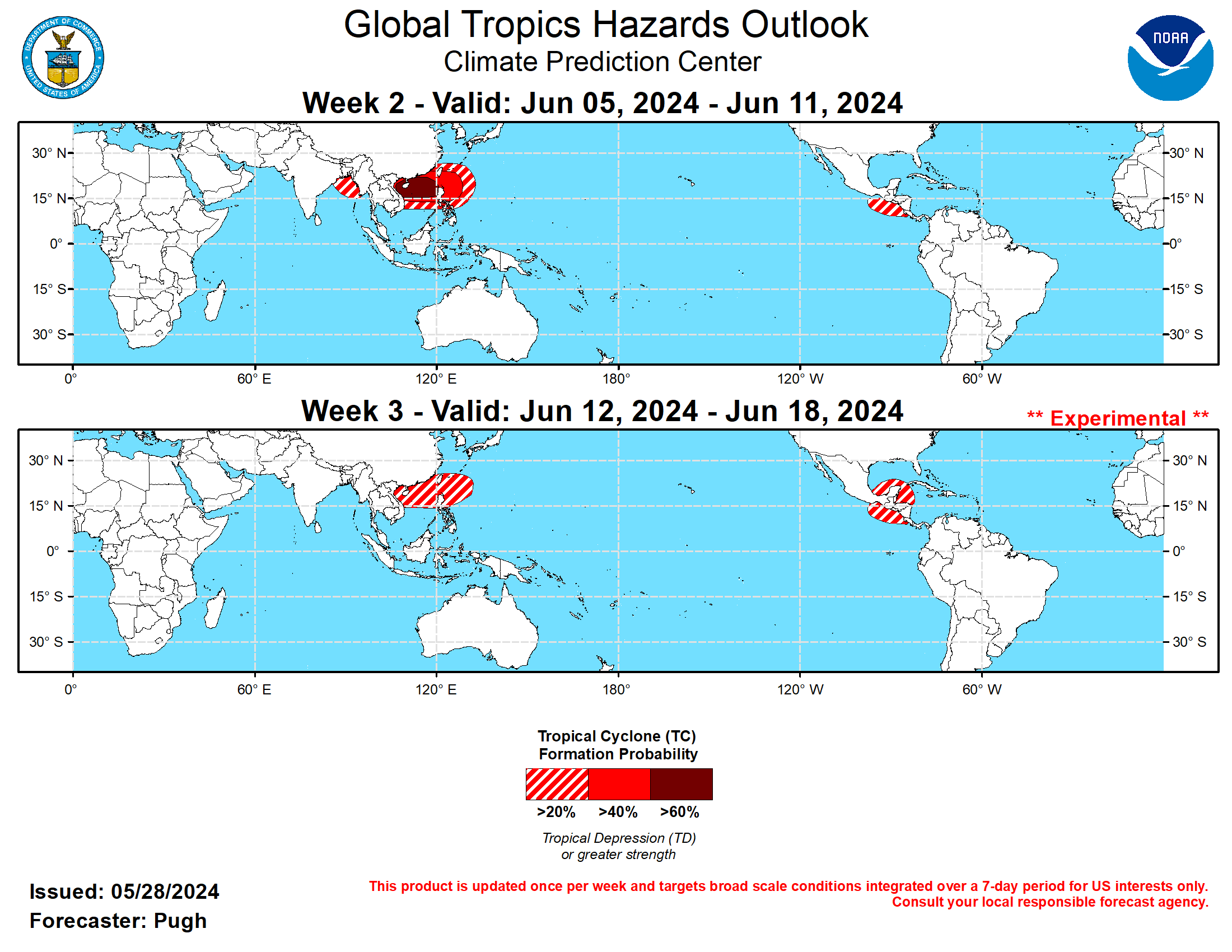 GTH Outlook Discussion Last Updated - 05/28/24 Valid - 06/05/24 - 06/18/24 The MJO strengthened and propagated eastward over the Indian Ocean during the latter half of May. The RMM-based MJO index depicts this amplitude increase since mid-May with a eastward shift from phase 2 (Indian Ocean) to phase 4 (Maritime Continent). The 200-hPa velocity potential anomaly observations became more coherent with a wave-1 pattern this past week, featuring enhanced upper-level divergence (convergence) over the eastern (western) Hemisphere. According to the ECMWF model forecasts of the RMM-based index and 200-hPa velocity potential anomalies, the MJO would continue propagating eastward through mid-June with its enhanced phase overspreading the Americas and tropical Atlantic during weeks 2 and 3. However, the GEFS favors a slower speed with anomalous upper-level divergence only making it to around the Date Line by week-3. Also, a larger spread exists among the GEFS members with its RMM index forecasts.  Tropical Cyclone Remal developed over the Bay of Bengal on May 25 and then tracked to the north, making landfall near the border of Bangladesh and India. Heavy rainfall (locally more than 200 mm) triggered flooding across northeastern India and Bangladesh. The first tropical cyclone (TC) in the West Pacific basin of 2024 formed on May 25, as Ewiniar developed near Luzon of the Philippines. The Joint Typhoon Warning Center indicates that Ewiniar tracks northeast and gradually weakens when it reaches the middle latitudes near or offshore of central Japan. During week-2 (June 5-11), the most likely area (> 60 percent chance) for TC genesis is forecast across the South China Sea which is supported by dynamical models and MJO composites for phase 6. A broader 40 to 60 percent area for TC genesis extends east of the Philippines. The GEFS and ECMWF models favor a 20 to 40 percent chance of TC development across the northeastern Bay of Bengal for week-2. By week-3 (June 12-18), the outlook for favored areas of TC genesis becomes more uncertain due to diverging model solutions on the MJO evolution. Based on MJO composites for phase 7 and recent model support, a 20 to 40 percent chance of TC development is posted for the South China Sea and to the northeast of the Philippines. Based largely on the ECMWF model, a 20 to 40 percent chance of TC development is posted for the East Pacific during week-2 and this slightly favored area expands east to include the western Caribbean Sea and southwestern Gulf of Mexic