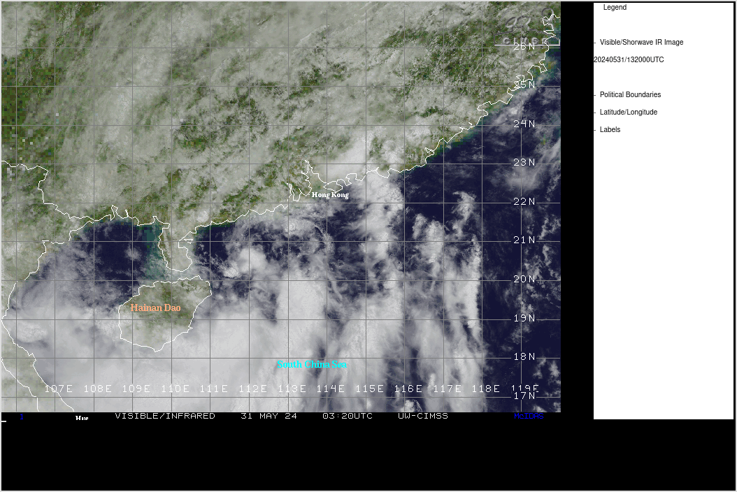 SATELLITE ANALYSIS, INITIAL POSITION AND INTENSITY DISCUSSION: ANIMATED ENHANCED INFRARED (EIR) SATELLITE IMAGERY DEPICTS A SLOWLY CONSOLIDATING, BUT STILL RATHER DISORGANIZED SYSTEM, APPROACHING THE COAST OF SOUTHERN CHINA. NO MAJOR CHANGES HAVE BEEN OBSERVED OVER THE PAS SIX HOURS, WITH MULTIPLE LOW-LEVEL VORTICES STILL CIRCLING AROUND ONE ANOTHER, WHILE THE LARGER CIRCULATION TRACKS NORTHWARD. RECENT ANIMATED RADAR DATA PROVIDES THE BEST VIEW OF THE LOW-LEVEL STRUCTURE AND REVEALS AT LEAST TWO SPINNERS ROTATING ABOUT A CENTROID, WITH WELL-DEFINED SPIRAL RAINBANDS STRETCHING ACROSS NORTHERN HAINAN AND UP THE EASTERN SIDE OF THE LOW LEVEL CIRCULATION CENTER (LLCC). THE INITIAL POSITION IS PLACED IN THE CENTROID OF THE MULTIPLE VORTICES, ASSESSED WITH MEDIUM CONFIDENCE. THE INITIAL INTENSITY OF 30 KNOTS IS ALSO ASSESSED WITH MEDIUM CONFIDENCE, IN LINE WITH THE HIGHER END DVORAK CURRENT INTENSITY ESTIMATES OF T2.0 FROM KNES AND RCTP, AND THE DMINT ESTIMATE OF 28 KNOTS. SURFACE OBSERVATIONS FROM YANGJIAN AND SHANGCHUAN DAO (NORTH AND NORTHEAST OF THE LLCC RESPECTIVELY) ARE IN THE 10-15 KNOT RANGE, SUPPORTING THE FACT THAT THE HIGHEST WINDS ARE CONFINED TO THE SOUTH AND SOUTHEASTERN QUADRANT OF THE CIRCULATION CENTER. ANALYSIS REVEALS A MARGINAL ENVIRONMENT CHARACTERIZED BY WARM (27-28C) WATERS, WHICH WHILE STILL WARM ENOUGH TO SUPPORT DEVELOPMENT, HAVE STEADILY COOLED AS THE SYSTEM APPROACHES THE COAST, AND STRONG POLEWARD OUTFLOW OFFSET BY LOW TO MODERATE NORTHEASTERLY VWS. THE SYSTEM IS MOVING NORTHWESTWARD ALONG THE WESTERN SIDE OF A DEEP SUBTROPICAL RIDGE (STR) TO THE EAST.