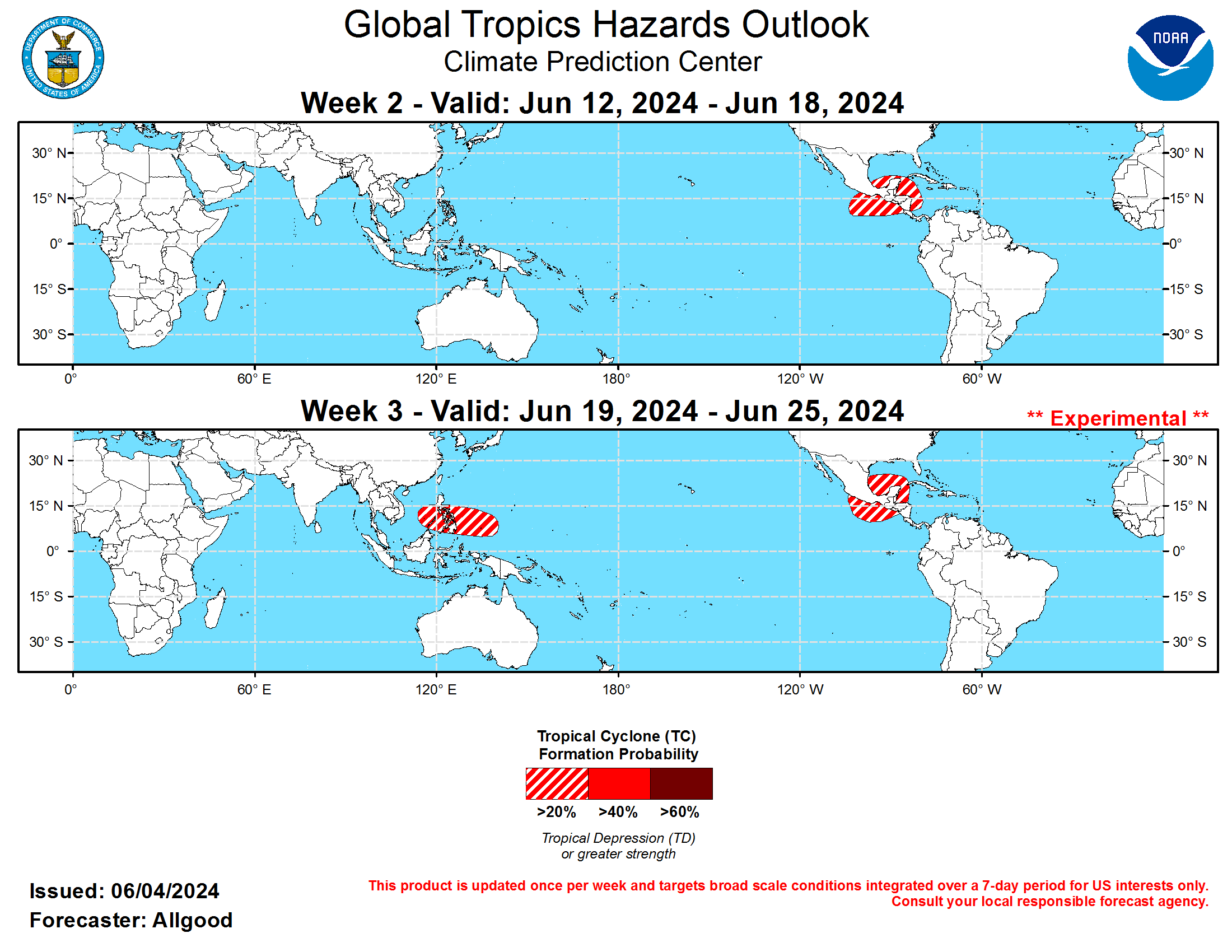 GTH Outlook Discussion Last Updated - 06/04/24 Valid - 06/12/24 - 06/25/24 The Madden-Julian Oscillation (MJO) signal that strengthened last week quickly weakened over the first few days of June. Multiple competing modes of variability resulted in an increasingly incoherent intraseasonal depiction. A Kelvin wave (KW) propagated across the Pacific while the primary MJO enhanced convective envelope remained over the Maritime Continent. Additionally, equatorial Rossby wave (ERW) activity continues to strongly influence the pattern over the Maritime Continent and eastern Indian Ocean, which may have contributed to the sharp “left turn” of the RMM-based MJO index into the unit circle over the past several days. Low frequency signals are also destructively interfering with the MJO, including persistent low-level westerlies over the Indian Ocean and enhanced trades across the equatorial Pacific. While a remnant MJO signal is now nearing the West Pacific, the incoherent structure decreases its predictability moving forward in time.  Dynamical model MJO index forecasts generally depict weak MJO activity over the next several weeks, including the ECMWF, which has backed off on robust MJO activity shown in previous model runs. In contrast to the past month, where much of the signal looped across the Indian Ocean and Maritime Continent, there is a weak presentation of a signal crossing the Pacific during Week-2, and the Western Hemisphere during Week-3. This may help effect a pattern change, with increasing wetness across the tropical Americas and drier conditions across the Indian Ocean basin.  The Joint Typhoon Warning Center upgraded a system over the South China Sea to tropical depression status just prior to landfall over southeastern China last week. Elsewhere, no tropical cyclones developed. Global accumulated cyclone energy (ACE), a metric depicting tropical cyclone activity, remains below average for the calendar year. During Week-2, any remnant MJO activity coupled with an increasingly active Central American Gyre (CAG) may increase the potential for early season tropical cyclone development, either across the far East Pacific basin, the far western Caribbean, or the southern Gulf of Mexico. A decaying frontal boundary draped across the western Atlantic may provide a source for potential tropical cyclone development near or north of the Bahamas, but potential is too low to include a hazard on this outlook. Across the Eastern Hemisphere, with a fairly weak monsoon trough in place and an active Meiyu Front feature, there is a low potential for tropical cyclone development. During Week-3, a similar pattern is favored to remain in place across the East Pacific and western Atlantic basins, and there is an increasing signal in both the GEFS and ECMWF supporting a potential for tropical cyclone development in the vicinity of the Philippines.
