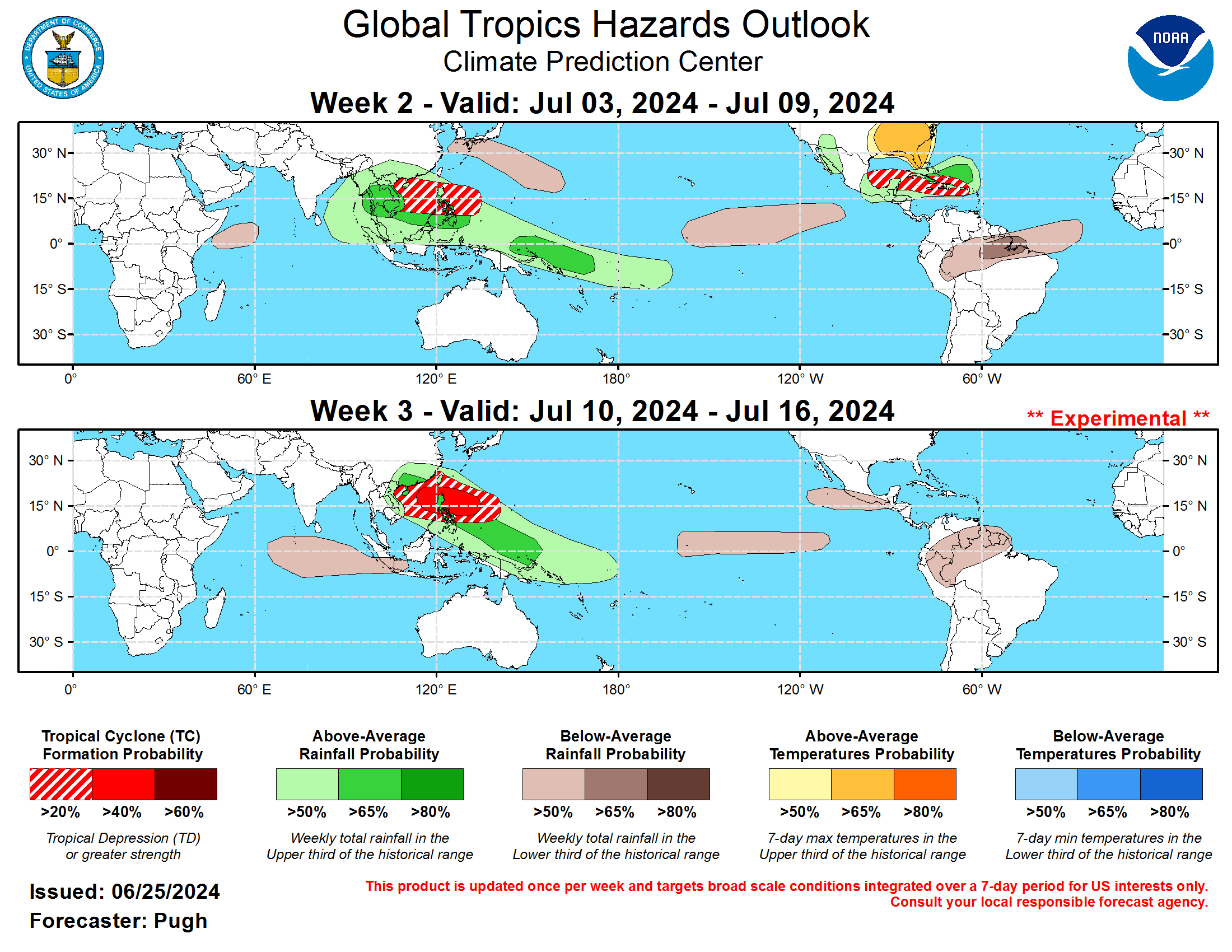 GTH Outlook Discussion Last Updated - 06/25/24 Valid - 07/03/24 - 07/16/24 The MJO has remained weak since the beginning of June according to the RMM-based index along with a less coherent 200-hPa velocity potential anomaly structure. As of June 24th, the GEFS and ECMWF ensemble mean forecasts favor a strengthening MJO during early July. These dynamical models depict an increase in the amplitude of the RMM-based index with an eastward propagation to the Maritime Continent and West Pacific. Likewise, a more coherent wave-1 pattern of anomalous upper-level divergence (convergence) is forecast to develop over the eastern (western) Hemisphere. The magnitude of these anomalies are also forecast to increase with time.  Only one tropical cyclone (TC) has developed globally so far during June and that was Tropical Storm Alberto in the western Gulf of Mexico on June 19. Alberto tracked westward into northeastern Mexico and resulted in heavy rainfall across Coahuila, Nuevo Leon, and Tamaulipas. As of 8am EDT on June 25, the National Hurricane Center (NHC) is monitoring a tropical wave tracking westward across the Caribbean Sea. NHC states that there is a 20 percent chance that this system becomes a tropical cyclone during the next week. Since any development could be delayed until the beginning of week-2 (July 3) and there are likely to be additional easterly waves, a 20 to 40 percent chance of TC development is posted for the southwestern Gulf of Mexico and Caribbean Sea from July 3 to 9. This elevated chance of TC development extends east of Hispaniola and Puerto Rico since consecutive ECMWF model runs favor TC genesis in that region during the first week of July. By week-3, the large-scale environment is expected to become less favorable for TC development across the Atlantic basin and forecast confidence is too low for the East Pacific during weeks 2 and 3. A strengthening and eastward propagating MJO would provide a more favorable large-scale environment for TC development across the West Pacific during early to mid-July. Based o MJO composites and dynamical model output, TC formation probabilities increase from week 2 to 3.