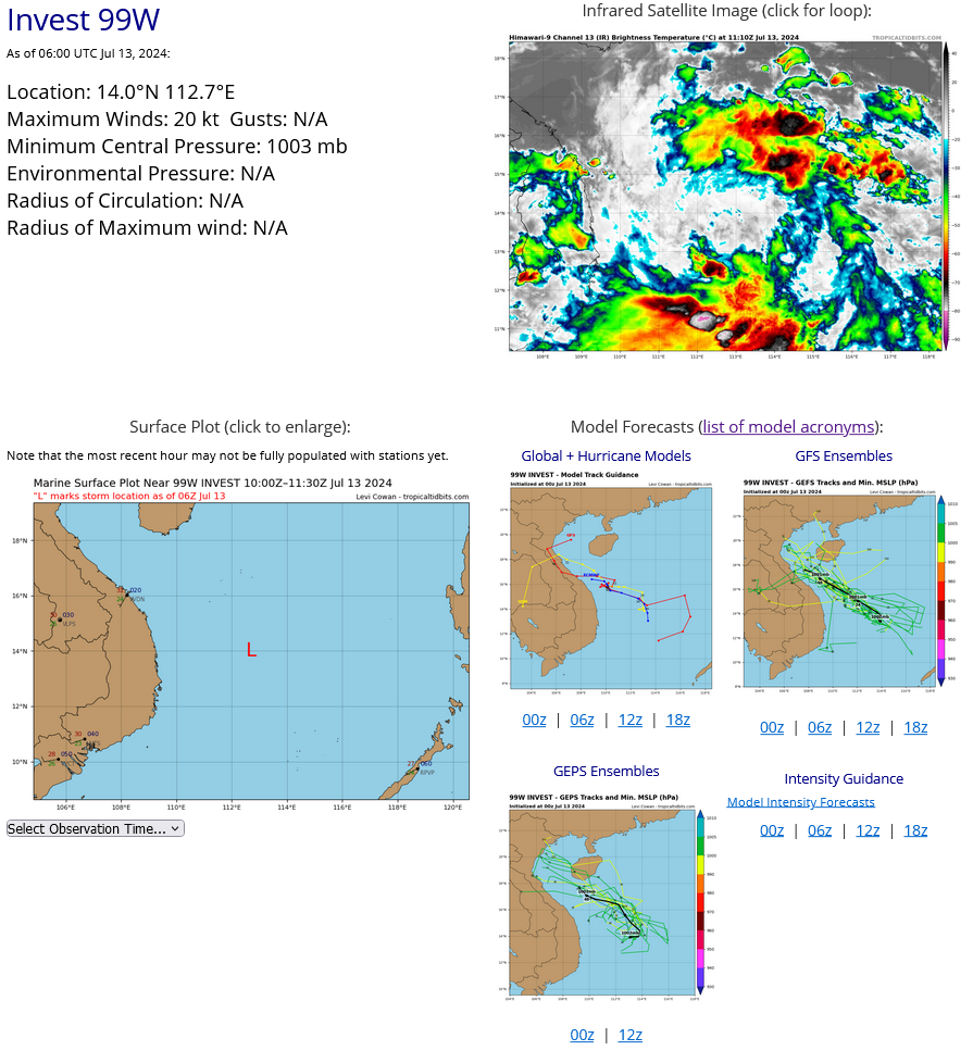 THE AREA OF CONVECTION (INVEST 99W) PREVIOUSLY LOCATED NEAR  13.1N 113.8E IS NOW LOCATED NEAR 14.0N 112.7E, APPROXIMATELY 287 NM  EAST-SOUTHEAST OF DA NANG, VIETNAM. ANIMATED MULTISPECTRAL SATELLITE  IMAGERY DEPICTS A STRONG MID-LEVEL CIRCULATION CENTER NEAR 13.0N 113.3E,  WITH EXTENSIVE DEEP CONVECTIVE BANDING OVER THE SOUTHERN SEMICIRCLE  ASSOCIATED WITH A SOUTHWESTERLY WIND SURGE EVENT. A 122320Z SSMIS 37 GHZ  MICROWAVE IMAGE SHOWS DISORGANIZED CLUSTERS OF DEEP CONVECTION WITH NO  DISCERNABLE LOW-LEVEL CIRCULATION CENTER. HOWEVER, A 130152Z ASCAT-C  IMAGE REVEALS AN ELONGATED, WEAK CIRCULATION EMBEDDED WITHIN THE MONSOON  TROUGH, WITH A SWATH OF 20 TO 25 KNOT SOUTHWESTERLY WINDS DISPLACED WELL  TO THE SOUTH (GREATER THAN 180 NM). UPPER-LEVEL ANALYSIS INDICATES A  MARGINALLY FAVORABLE ENVIRONMENT WITH STRONG EQUATORWARD OUTFLOW OFFSET  BY MODERATE TO HIGH (20-25 KNOTS) VERTICAL WIND SHEAR. SEA SURFACE  TEMPERATURES OF 29-30 C ARE CONDUCIVE. GLOBAL MODELS INDICATE A WEST- NORTHWESTWARD TO NORTHWESTWARD TRACK TOWARD VIETNAM OVER THE NEXT TWO  DAYS WITH SLOW DEVELOPMENT INTO A TROPICAL DEPRESSION. MAXIMUM SUSTAINED  SURFACE WINDS ARE ESTIMATED AT 15 TO 20 KNOTS. MINIMUM SEA LEVEL  PRESSURE IS ESTIMATED TO BE NEAR 1003 MB. THE POTENTIAL FOR THE  DEVELOPMENT OF A SIGNIFICANT TROPICAL CYCLONE WITHIN THE NEXT 24 HOURS  IS UPGRADED TO MEDIUM.