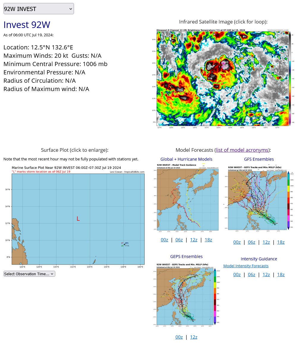 AN AREA OF CONVECTION (INVEST 92W) PREVIOUSLY LOCATED NEAR  11.8N 133.6E IS NOW LOCATED NEAR 12.5N 132.7E, APPROXIMATELY 527 NM  NORTHEAST OF DAVAO. ANIMATED MULTISPECTRAL SATELLITE IMAGERY DEPICTS  A BROAD, WEAKLY DEFINED LOW-LEVEL CIRCULATION (LLC) WITH PERSISTENT  CONVECTION TO THE NORTHWEST. A 190416Z GMI 89GHZ COLOR COMPOSITE  MICROWAVE IMAGE SHOWS CONVECTION CONSOLIDATING OVER THE WESTERN SEMI- CIRCLE WITH A PARTIALLY EXPOSED LLC. UPPER-LEVEL ANALYSIS INDICATES  92W IS LOCATED IN A FAVORABLE ENVIRONMENT WITH LOW VERTICAL WIND  SHEAR (10-15KT), GOOD POLEWARD AND EQUATORWARD OUTFLOW, AND WARM SSTS  (30C). GLOBAL MODELS INDICATE THAT 92W WILL CONTINUE TO MAINTAIN A  NORTHWESTWARD TRACK AS IT INTENSIFIES QUICKLY OVER THE NEXT 48 HOURS.  MAXIMUM SUSTAINED SURFACE WINDS ARE ESTIMATED AT 15 TO 20 KNOTS.  MINIMUM SEA LEVEL PRESSURE IS ESTIMATED TO BE NEAR 1004 MB. THE  POTENTIAL FOR THE DEVELOPMENT OF A SIGNIFICANT TROPICAL CYCLONE  WITHIN THE NEXT 24 HOURS IS UPGRADED TO MEDIUM.