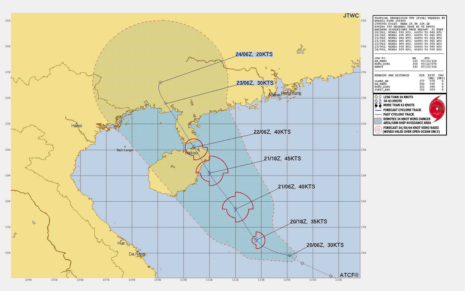 FORECAST REASONING.  SIGNIFICANT FORECAST CHANGES: THERE ARE NO SIGNIFICANT CHANGES TO THE FORECAST FROM THE PREVIOUS WARNING.  FORECAST DISCUSSION: TD 04W IS EXPECTED TO CONTINUE TRACKING WEST-NORTHWESTWARD UNDER THE STEERING INFLUENCE OF THE STR TO THE NORTHEAST, BECOMING MORE NORTHWESTWARD AFTER TAU 24 AS THE STR IS WEAKENED BY A MID-LATITUDE TROUGH DIGGING IN FROM THE NORTHWEST. TD 04W WILL MAKE LANDFALL OVER HAINAN SHORTLY AROUND TAU 30, CROSS THE GULF OF TONKIN, THEN WILL TRACK INTO SOUTHERN CHINA JUST BEFORE TAU  72. THE MARGINALLY FAVORABLE ENVIRONMENT WILL PROMOTE A MODEST  INTENSIFICATION TO A PEAK OF 45KTS BY TAU 24. AFTERWARD, LAND  INTERACTION WITH HAINAN AND SOUTHERN CHINA WILL PRIMARILY ERODE THE  SYSTEM TO DISSIPATION BY TAU 96.