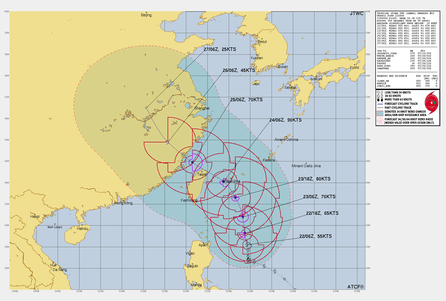 FORECAST REASONING.  SIGNIFICANT FORECAST CHANGES: THERE ARE NO SIGNIFICANT CHANGES TO THE FORECAST FROM THE PREVIOUS WARNING.  FORECAST DISCUSSION: TS O5W IS FORECAST TO CONTINUE TRACKING NORTH-NORTHWESTWARD ALONG THE WESTERN PERIPHERY OF A NORTH-SOUTH ORIENTED STR PLACED TO ITS EAST THROUGH TAU 48. AFTER TAU 48, RIDGING EXTENDING ACROSS EASTERN CHINA WILL TAKE OVER AS THE STEERING MECHANISM AND DRIVE 05W WESTWARD THROUGH TAU 96. THE SYSTEM IS FORECAST TO MAKE LANDFALL ALONG THE EASTERN COAST OF CHINA, NORTHWEST OF TAIWAN, JUST AFTER TAU 72. AFTER MAKING LANDFALL, 05W IS EXPECTED TO RAPIDLY WEAKEN AND THE LOW-LEVEL STEERING PATTERN WILL PUSH THE SYSTEM POLEWARD AS IT DISSIPATES. REGARDING THE INTENSITY FORECAST, 05W IS FORECAST TO CONTINUE TO INTENSIFY THROUGH TAU 48 AS VERTICAL WIND SHEAR IS ANTICIPATED TO DROP AND THE DRY AIR TO BE GONE. HIGH SEA SURFACE TEMPERATURES AND OHC ARE GOING TO BE LARGE FACTORS IN THE INTENSIFICATION OF 05W. THE PEAK INTENSITY OF 90 KTS IS FORECAST TO OCCUR AROUND TAU 48, NEAR ISHIGAKIJIMA BEFORE THE WESTWARD TURN IS INITIATED. AFTER TAU 48, VERTICAL WIND SHEAR WILL RISE TO ABOVE 20 KTS AND SEA SURFACE TEMPERATURES WILL DROP, WHICH WILL START THE WEAKENING TREND OF 05W. HOWEVER, AT LANDFALL, 05W IS FORECAST TO STILL BE OF TYPHOON STRENGTH. AFTER LANDFALL, THE SYSTEM WILL DETERIORATE IN RESPONSE TO TERRAIN INTERACTION AND WILL DISSIPATE NEAR THE END OF THE FORECAST PERIOD.