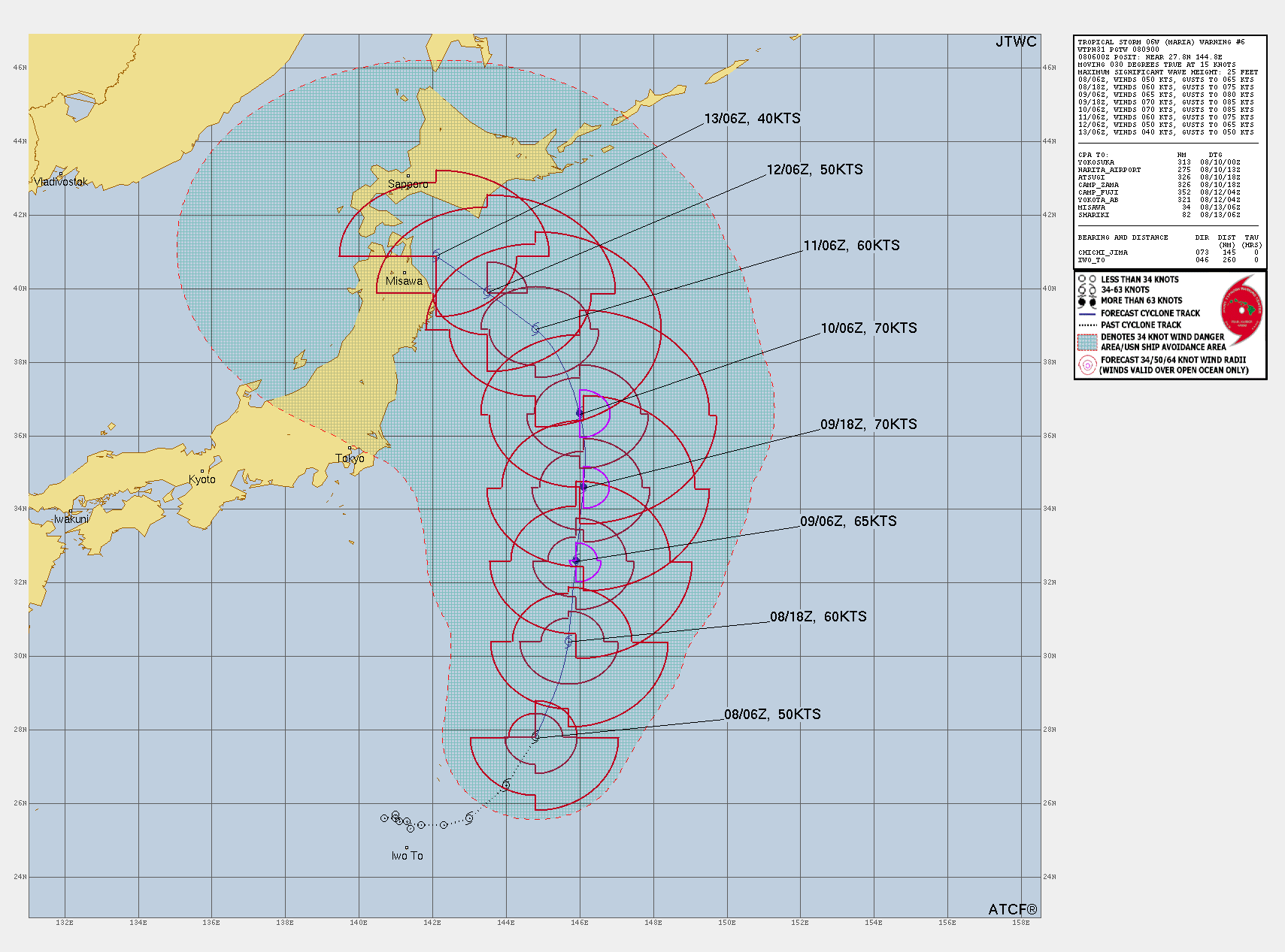 FORECAST REASONING.  SIGNIFICANT FORECAST CHANGES: THERE ARE NO SIGNIFICANT CHANGES TO THE FORECAST FROM THE PREVIOUS WARNING.  FORECAST DISCUSSION: TS 06W IS FORECAST TO CONTINUE TRACKING NORTH-NORTHEASTWARD ALONG THE WESTERN SIDE OF THE STR FOR THE NEXT 24 HOURS, BEFORE IT TURNS DUE NORTH AS THE RIDGE PATTERN REORIENTS SLIGHTLY. AN APPROACHING MID-LATITUDE TROUGH, MOVING IN RAPIDLY FROM THE WEST, WILL BREAK DOWN THE RIDGE PATTERN TO THE NORTH AND ALLOW TS 09W TO MAINTAIN A FAIR AMOUNT OF SPEED HEADING NORTHWARD THROUGH TAU 48. HOWEVER, THE TROUGH IS EXPECTED TO START TO FILL AS A ASSOCIATED JET MAX MOVES DOWNSTREAM. THIS WILL CREATE A COL-REGION DUE NORTH OF TS 09W, AND A GENERAL WEAKENING OF THE STEERING PATTERN, ALLOWING THE SYSTEM TO BEGIN SLOWING DOWN AFTER ABOUT TAU 60. THE FILLING TROUGH WILL NOT BE STRONG ENOUGH TO SEDUCE TS 09W POLEWARD BUT THE POST-TROUGH DEEP-LAYER RIDGE WHICH IS EXPECTED TO DEVELOP IN THE SEA OF JAPAN (SOJ) WILL BE. AS THE SOJ RIDGE SLIDES EASTWARD, IT IS EXPECTED TO BUILD ACROSS HOKKAIDO AND CONNECT WITH A LARGE STR POSITIONED NEAR 40N 170E. THIS WILL HAVE THE EFFECT OF BOTH SLOWING TS 09W AND TURNING IT ONTO A MORE WEST-NORTHWESTWARD TRACK AFTER TAU 72. SIGNIFICANT UNCERTAINTY EXISTS IN THE POTENTIAL TRACK OF TS 06W AS GLOBAL MODELS ARE SPLIT BETWEEN A DUE WEST TRACK AND A VERY FAST NORTHEASTWARD TRACK. IN TERMS OF INTENSITY, THE ENVIRONMENT IS OVERALL FAVORABLE FOR INTENSIFICATION, THOUGH THE PROBABILITY OF RAPID INTENSIFICATION HAS LOWERED SINCE THE PREVIOUS RUN. THERE REMAINS THE ISSUE OF THE DRY AIR TO THE WEST AND VORTEX CONSOLIDATION, WHICH IS STILL OCCURRING. THE FORECAST CALLS FOR STEADY, BUT NOT RAPID, INTENSIFICATION TO A PEAK OF 70 KNOTS BY TAU 36, FOLLOWED BY STEADY WEAKENING AS THE SYSTEM MOVES OVER COOLER WATERS, UPPER-LEVEL FLOW BECOMES CONVERGENT OR WEAK AND DRY AIR MOVES IN TO ENCIRCLE THE CORE.