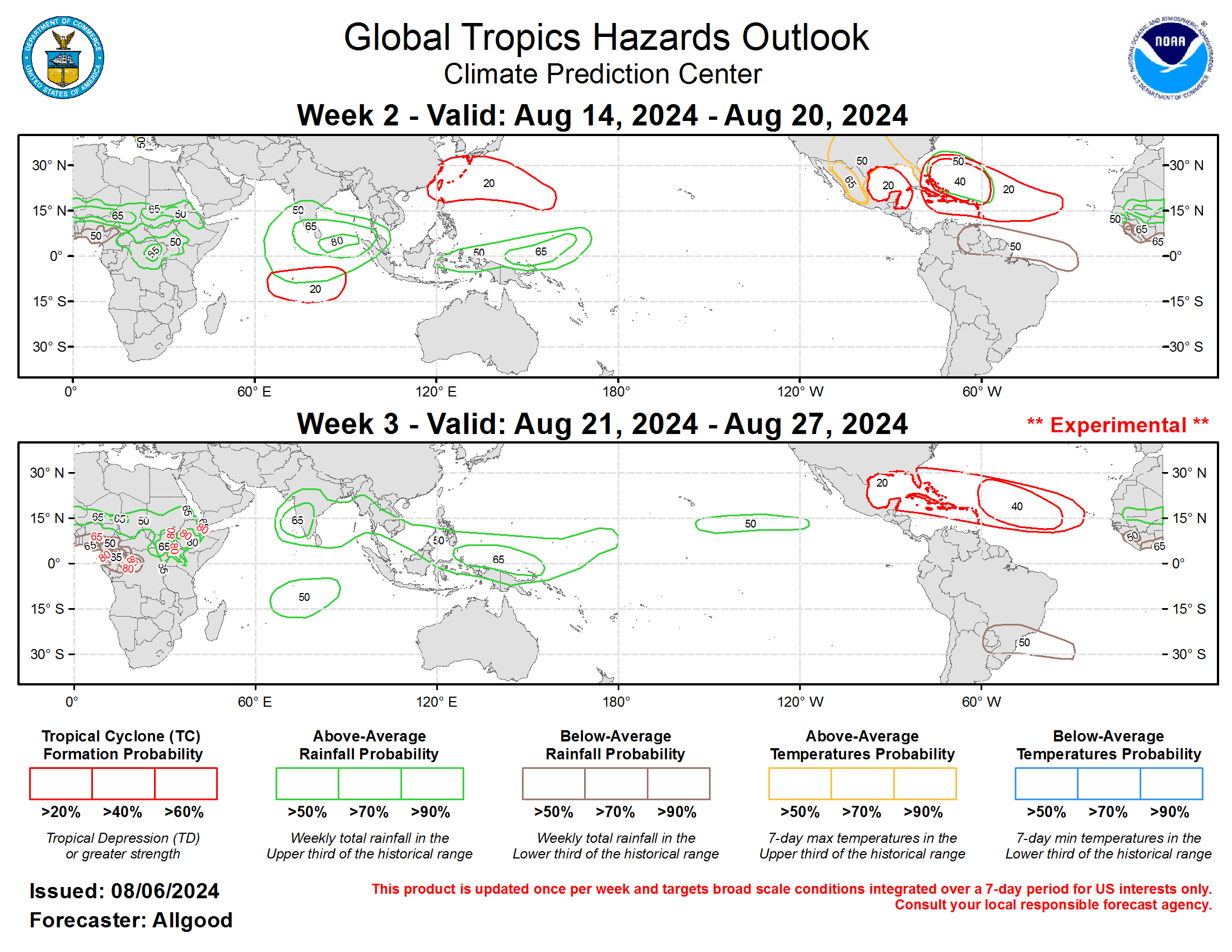 Forecasts for above- and below-normal precipitation are based on historical composites of MJO events crossing the Indian Ocean, ENSO cold phase composites, a potential for tropical cyclone activity during the period, and a skill weighted consensus of the CFS, GEFS, ECMWF, and ECCC model systems. Enhanced convection over the equatorial Indian Ocean during MJO events tends to shift poleward into the South Asian Monsoon as the MJO progresses to the Maritime Continent, with enhanced convection increasing across the equatorial Maritime Continent. Forecasts over Africa were coordinated with the International Desk at the Climate Prediction Center, and Week-2 temperature forecasts over the US were coordinated with the CPC Days 8-14 outlook.