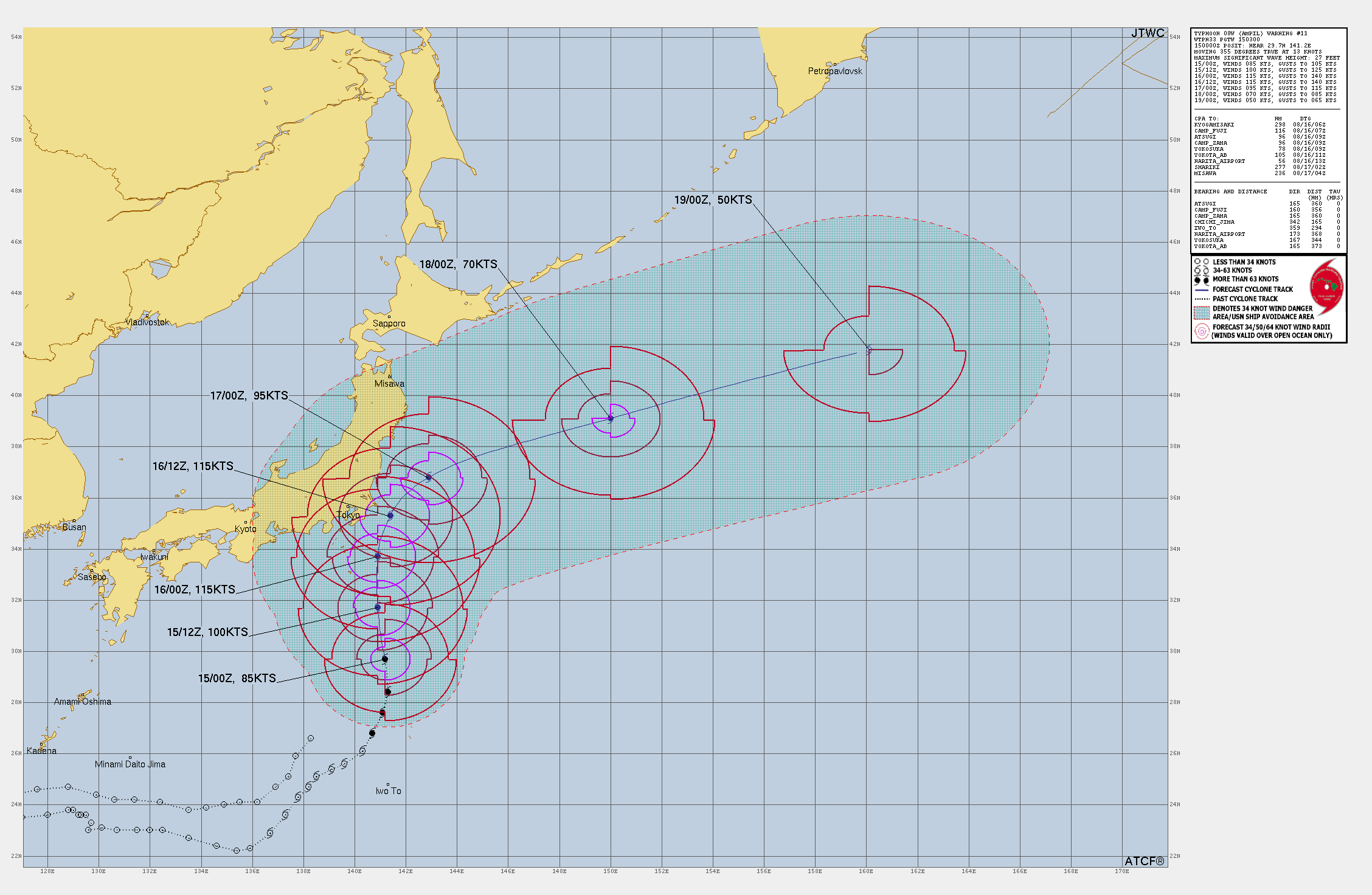 FORECAST REASONING.  SIGNIFICANT FORECAST CHANGES: TYPHOON (TY) 08W IS NOW FORECAST TO UNDERGO A PERIOD OF RAPID INTENSIFICATION (RI) DURING THE FIRST 24 HOURS OF THE FORECAST TO A PEAK OF 115KTS WHICH WAS NOT REFLECTED IN THE PREVIOUS WARNING.  FORECAST DISCUSSION: TY 08W IS FORECAST TO TRACK NORTHWARD THROUGH THE FIRST 24 HOURS OF THE FORECAST PERIOD BEFORE ROUNDING THE WESTERN PERIPHERY OF THE STR TO THE EAST FROM TAU 36-48. AFTER ROUNDING THE RIDGE, TY 08W WILL TRACK DUE EAST-NORTHEAST THROUGH THE REMAINDER OF THE FORECAST. RAPID INTENSIFICATION IS FORECAST TO OCCUR  TO A PEAK OF 115KTS BY TAU 24 AND MAY REACH A HIGHER PEAK BETWEEN TAU 24-36 THAT IS NOT REFLECTED IN THE FORECAST WARNING. AFTER TAU 36, TY 08W WILL BECOME INFLUENCED BY MODERATE VERTICAL WIND SHEAR AND A BRIEF PERIOD OF NEGATIVE UPPER-LEVEL CONVERGENCE WHICH WILL INITIATE WEAKENING. DESPITE THE UPPER-LEVEL ENVIRONMENT IMPROVING BY TAU 48, VERTICAL WIND SHEAR WILL BECOME HIGHLY UNFAVORABLE BETWEEN TAU 48-60 AS THE SYSTEM TRACKS INTO UNFAVORABLE SEA SURFACE TEMPERATURES THAT ARE BELOW 26 DEGREES. THE COOLER SEA SURFACE TEMPERATURES AND BAROCLINIC ENVIRONMENT WILL INITIATE EXTRATROPICAL TRANSITION BETWEEN TAU 60-72, WHICH WILL LEAD TO TY 08W BECOMING FULLY EXTRATROPICAL BY TAU 96.