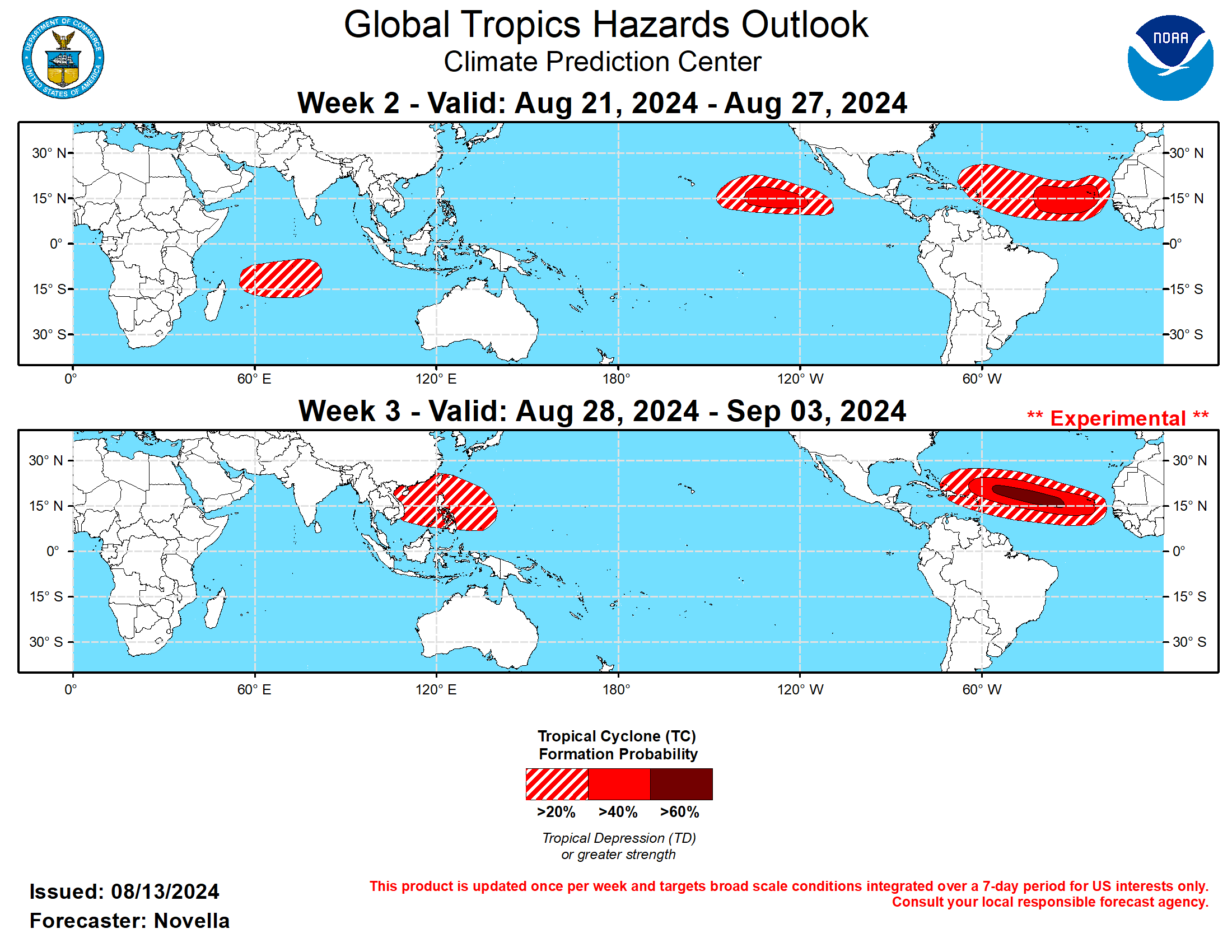 GTH Outlook Discussion Last Updated - 08/13/24 Valid - 08/21/24 - 09/03/24 As previously forecast, the RMM observations continue to show signs of renewed, eastward propagating MJO activity over the Western Hemisphere. The upper-level velocity potential pattern has been somewhat disorganized, mostly due to continued competing interference with other modes of tropical variability (namely wave-2 Kelvin wave activity), however the enhanced convective envelope appears better defined in recent days with the leading edge extending further eastward into the Indian Ocean. Looking ahead, dynamical models have been consistently advertising a robust Indian Ocean MJO event that propagates eastward into the Maritime Continent in both RMM space and in the upper-level velocity potential anomaly forecasts during the next several weeks. A canonical wave-1 pattern is favored to emerge during the next week or so, and objective wave filtering continues to favor both equatorial Kelvin and Rossby wave activity over Africa and the Indian Ocean. The constructive interference between these modes and the reorganizing MJO lead to very enhanced signals in the velocity potential anomaly fields. In the lower levels, there is good agreement in extended range solutions featuring a band of strong lower-level westerly anomalies overspreading the tropical Atlantic and extending into sub-Saharan Africa, as this later feature is suggestive a northward displaced African Easterly Jet to incite a number of easterly waves. As a result, the large-scale environment looks to be quite favorable for additional Tropical Cyclone (TC) development in the Main Development Region (MDR) in-line with an increasingly active climatology for late August and early September. Tied to the suppressed phase of the MJO downstream, an enhanced trade regime is expected to overspread the Maritime Continent and equatorial Pacific, decreasing chances for TC development in the western Pacific.  During the past week, four TCs formed in the Western Pacific, and one in the Atlantic. Since forming on 8/7 near 25N/141E, TC Maria peaked at Category 1 strength while tracking northward and curving to the west toward Japan. Maria made landfall as a Tropical Storm on 8/12 over the Tohoku region of northeastern Japan, and brought high winds, and heavy rainfall accumulations leading to an increased risk of flooding and mudslides in the region. Since yesterday, TCs Son-Tinh, Wukong, and Ampil formed near 32N/151E, 26N/150E, and 23N/136E, respectively. The Joint Typhoon Warning Center (JTWC) expects Son-Tinh to be a short-lived storm but may bring increased precipitation and elevated winds as it tracks northward over parts of northern Japan in the wake of TC Maria. Wukong is similarly forecast to track northward, but is expected to curve eastward over open waters under a steering subtropical ridge later this week. Further south, TC Ampil bears watching during the next several days. While there remains a good deal of uncertainty with the eventual track of the system later this week, the official forecast from the JTWC shows this system intensifying to Category 3 strength, while tracking towards central Japan near Tokyo. Regardless of landfall, heavy precipitation accumulations and high sustained winds are possible for portions of eastern Honshu Japan. As these systems eventually dissipate in the western Pacific, it is worth noting that their extratropical transition may lead to the amplification of mid-level height pattern downstream over Alaska. In the tropical Atlantic, Tropical Storm Ernesto formed on 8/12. This system is expected to bring heavy rainfall, with possible mudslides and flash flooding for parts of the Leeward Islands, USVI and Puerto Rico in the next few days. Later this week, the National Hurricane Center (NHC) expects Ernesto to turn northward under a weakness in the subtropical ridge. While the official track places Ernesto in proximity to Bermuda by this weekend, it is too soon to know what impacts this system could bring as ensemble spread remains high in the models. Please follow the JTWC and the NHC for regular updates for these active systems.  Across the Eastern Hemisphere, the band of anomalous lower-level westerlies that likely contributed to multiple TC formations north of 20N in the Western Pacific are favored to weaken and be replaced by enhanced trades overspreading much of the basin. Given this, the suppressed phase of the MJO, and lessening support in the probabilistic TC genesis tools for additional TC activity, the western Pacific looks to take a hiatus, and no shapes are posted for week-2. By week-3, guidance does show conditions becoming gradually more favorable, particularly over the South China Sea and just east of the Philippines, and 20% chances are posted for week-3. With the enhanced phase of the MJO gaining amplitude over the Indian Ocean, there is good model support for a Westerly Wind Burst (WWB) event during the next week or so between 70-80E. Despite being out of season, probabilistic tools continue to feature elevated chances for TC formation south of the equator. While such development would be extremely rare, it is not unprecedented according to August climatology, and 20% chances are posted from approximately 55E to 80E. Consistent with a WWB event, 20% chances for TC genesis were also considered north of the equator to the east of India in the Arabian Sea, however there is a lack of support for this realization in the ECMWF where Indian monsoonal shear is favored to prevail.  In the eastern Pacific, both the GEFS and ECMWF ensembles have been fairly consistent favoring mean low pressure formation during week-2, despite the large-scale environment becoming more unfavorable over the basin. Objective wave filtering of the ECMWF velocity potential anomaly fields reveal both Kelvin and Rossby wave activity destructively interfering with the suppressed MJO envelope, which looks to provide a window for development. Based on increased trends in the probabilistic tools, 40% chances are posted with a broad area of 20% chances extending from approximately 150E to 110E for week-2. While much of the enhanced precipitation is favored to the southeast of the Hawaiian Islands, any development in the central Pacific bears monitoring for potential impacts to the state. For week-3, there are some signals in the TC tools, however these appear residual from any tropical low formation during week-2, and no corresponding area is posted for additional development.  For the tropical Atlantic, both the ensembles and probabilistic tools have been surprisingly muted in regards to TC potential in spite of an eastward propagating MJO over the Indian Ocean. The overall lack of support in the guidance, particularly during week-2, invariably lowers forecast confidence in the Main Development Region (MDR). Notwithstanding, it is recognized that some of these tools have been slow to converge on TC potential associated with TCs Debby and Ernesto since late July, and it is hard to ignore the reemergence of intraseasonal activity that would highly favor TC genesis in the MDR. As a result, 40% chances are posted in the eastern MDR given climatology and MJO composites, with a broader area of 20% chances extending into the Caribbean. Due to better support in the probabilistic TC tools during week-3, with more easterly waves favored to exit West Africa towards the end of the month, 60% chances are issued from 35W to 55W where negative shear anomalies are favored to be strongest heading into September.