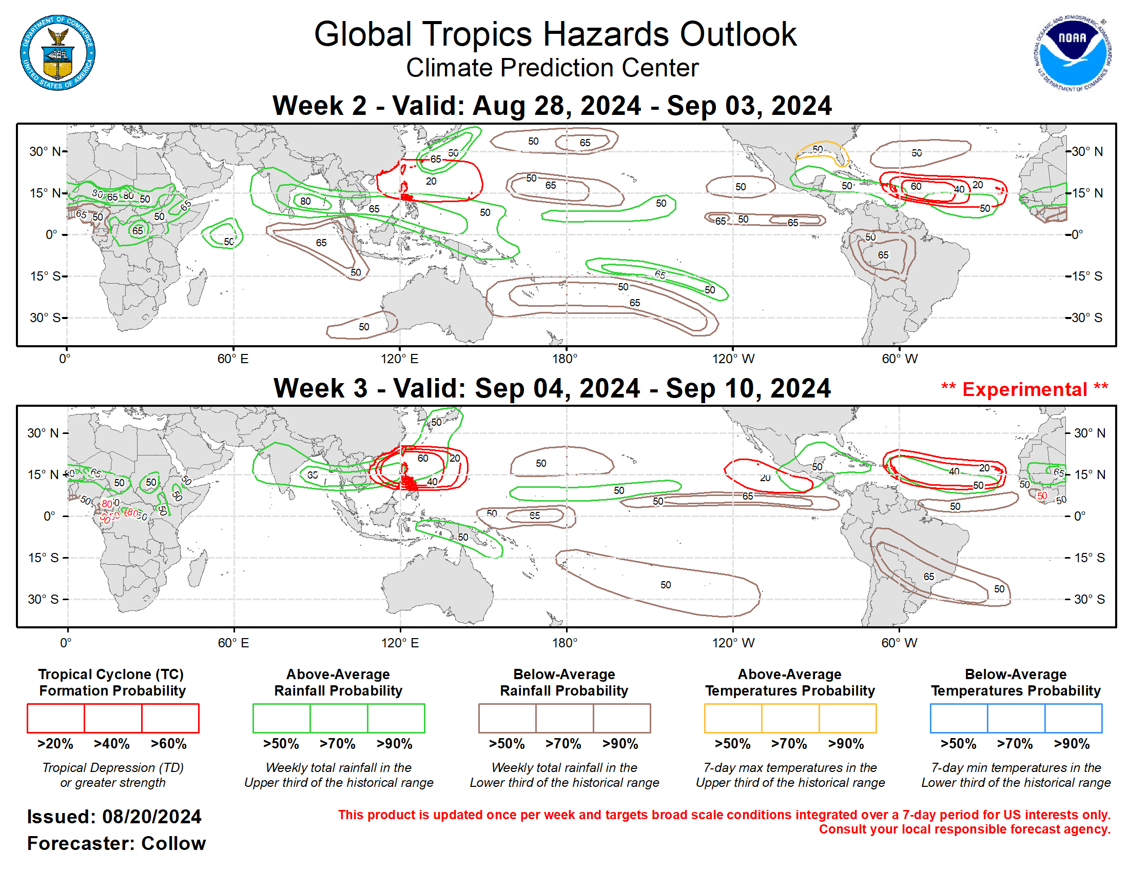 Forecasts for enhanced and suppressed precipitation for weeks 2 and 3 are based on historical composites of Indian Ocean and Maritime Continent MJO events, anticipated TC tracks, and a skill weighted consensus of the CFS, GEFS, ECMWF, and ECCC model systems, with some consideration of ENSO cold phase composites. Increased chances for above-normal temperatures are forecast for the southeastern CONUS during week-2. For hazardous weather conditions in your area during the next two weeks, please refer to your local NWS office, the Medium Range Hazards Forecast from the Weather Prediction Center (WPC), and the CPC Week-2 Hazards Outlook. Forecasts issues over Africa are made in coordination with the Africa Desk at CPC.