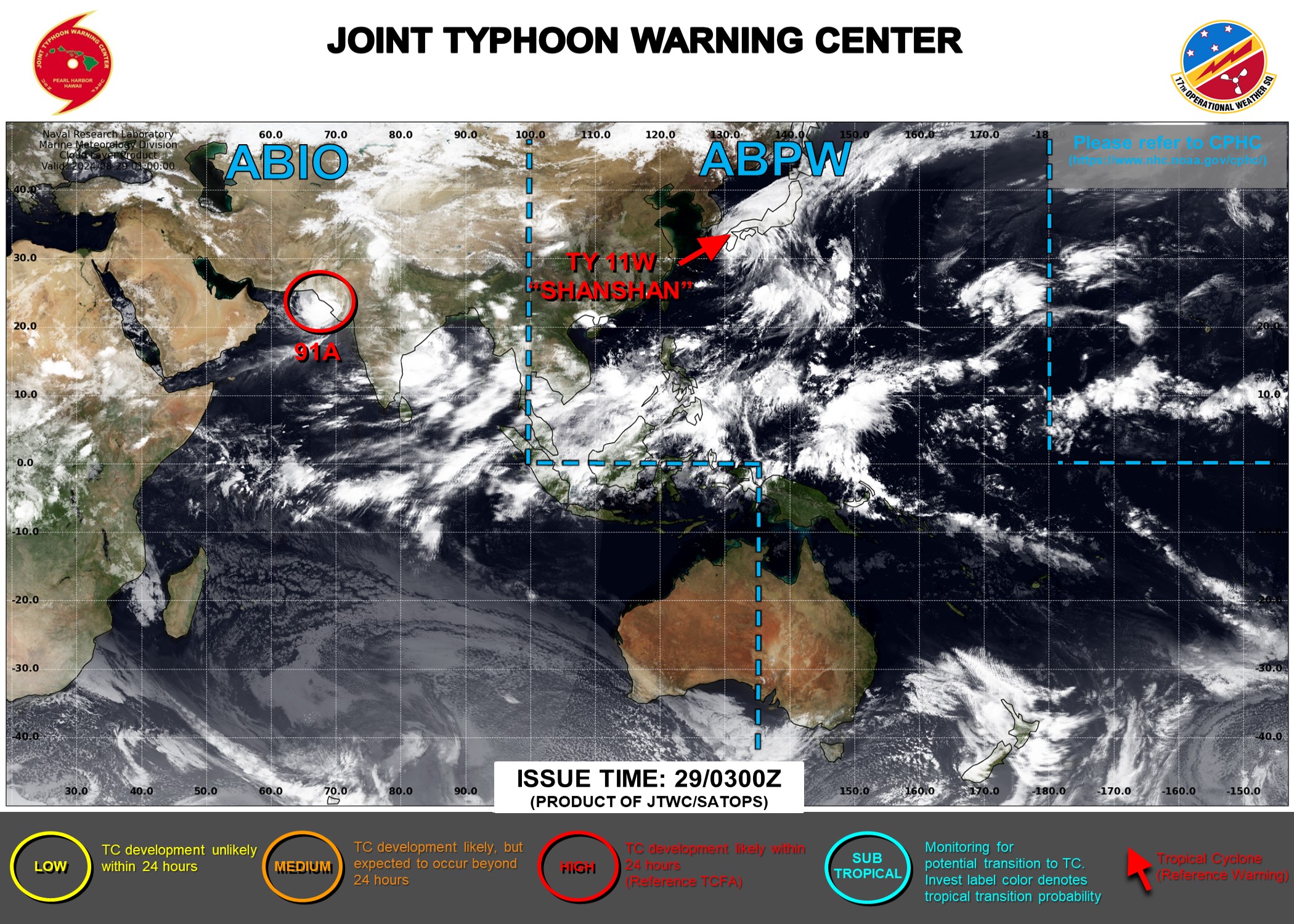 JTWC IS ISSUING 6HOURLY WARNINGS ON 11W, ON 01C ON 07E AND ON 08E. 3HOURLY SATELLITE BULLETINS ARE ISSUED ON 11W ON 01C ON 07E AND ON INVEST 91A