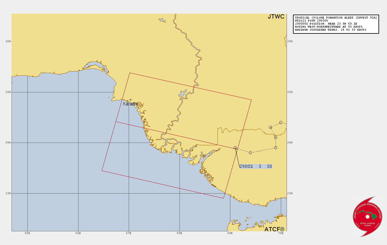 THE AREA OF CONVECTION (INVEST 91A) PREVIOUSLY LOCATED NEAR  24.3N 70.5E IS NOW LOCATED NEAR 23.9N 69.1E, APPROXIMATELY 126 NM EAST- SOUTHEAST OF KARACHI. ANIMATED MULTISPECTRAL SATELLITE IMAGERY DEPICT  FORMATIVE BANDING WITH EMBEDDED CONVECTION OVER THE NORTHWESTERN COAST  OF INDIA. ENVIRONMENTAL ANALYSIS REVEALS FAVORABLE CONDITIONS FOR  DEVELOPMENT, INCLUDING HIGH (20-25KTS) VERTICAL WIND SHEAR, STRONG  UPPER-LEVEL OUTFLOW EQUATORWARD, WARM (28-29C) SEA SURFACE TEMPERATURE,  AND MINIMUM SEA LEVEL PRESSURE IS ESTIMATED TO BE NEAR 992 MB. GLOBAL  DETERMINISTIC MODELS INDICATE THAT 91A WILL CONTINUE TO DEVELOP WITH A  WESTWARD TRACK OVER THE NEXT 24 HOURS. MAXIMUM SUSTAINED SURFACE WINDS  ARE ESTIMATED AT 28 TO 33 KNOTS. MAXIMUM SUSTAINED SURFACE WINDS ARE  ESTIMATED AT 28 TO 33 KNOTS. MINIMUM SEA LEVEL PRESSURE IS ESTIMATED TO  BE NEAR 998 MB. MAXIMUM SUSTAINED SURFACE WINDS ARE ESTIMATED AT 28 TO  33 KNOTS. MINIMUM SEA LEVEL PRESSURE IS ESTIMATED TO BE NEAR 994 MB. THE  POTENTIAL FOR THE DEVELOPMENT OF A SIGNIFICANT TROPICAL CYCLONE WITHIN  THE NEXT 24 HOURS IS UPGRADED TO HIGH.