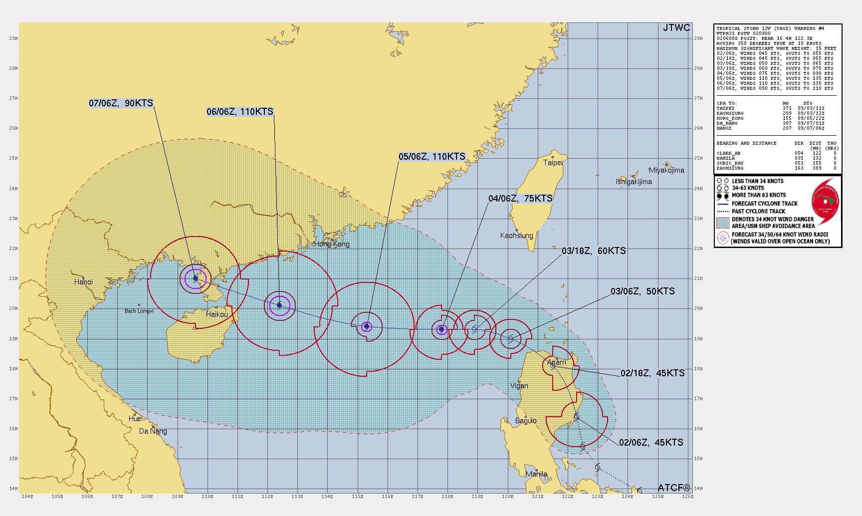 FORECAST REASONING.  SIGNIFICANT FORECAST CHANGES: THERE ARE NO SIGNIFICANT CHANGES TO THE FORECAST FROM THE PREVIOUS WARNING.  FORECAST DISCUSSION: THE STR TO THE EAST WILL DRIVE TS 12W (YAGI) INTO LUZON DURING THE NEXT 12-15 HOURS, WHERE THE DOMINANT STEERING INFLUENCE WILL CHANGE HANDS TO THE STR SITUATED OVER EASTERN CHINA. DEVELOPMENT IN THE SHORT-TERM WILL BE IMPEDED BY THE BRIEF TRACK ACROSS LUZON. AFTER THE SYSTEM EMERGES FROM LUZON ON THE NW SIDE NEAR TAU 24, IT WILL FIND A MUCH MORE FAVORABLE ENVIRONMENT FOR DEVELOPMENT. SIGNALS FOR RI ARE PRESENT, GIVEN THE WARM SSTS OF 30-31C, LOW VWS OF LESS THAN 10 KTS, AND MODERATE EXHAUST MECHANISMS IN PLACE. THE TRACK GUIDANCE UNDERSTANDABLY SPREADS AFTER TAU 24, BUT OVERALL THERE IS INCREASING AGREEMENT THAT TS 12W WILL ACCELERATE AND FORGE GENERALLY WESTWARD, EVENTUALLY MAKING LANDFALL ALONG THE SOUTHERN COAST OF CHINA. AFTER AN INITIAL PERIOD OF INTENSIFICATION WITH RI POSSIBLE AFTER TAU 48, TS 12W IS EXPECTED TO REACH PEAK INTENSITY BY TAU 72 IN THE SOUTH CHINA SEA. DEVELOPMENT WILL PLATEAU AFTER TAU 72 AS THE SYSTEM TRACKS OVER LOWER OHC VALUES AND BEGINS TO ENCOUNTER LAND INFLUENCES BY TAU 96, AT WHICH POINT THE SYSTEM WILL WEAKEN.