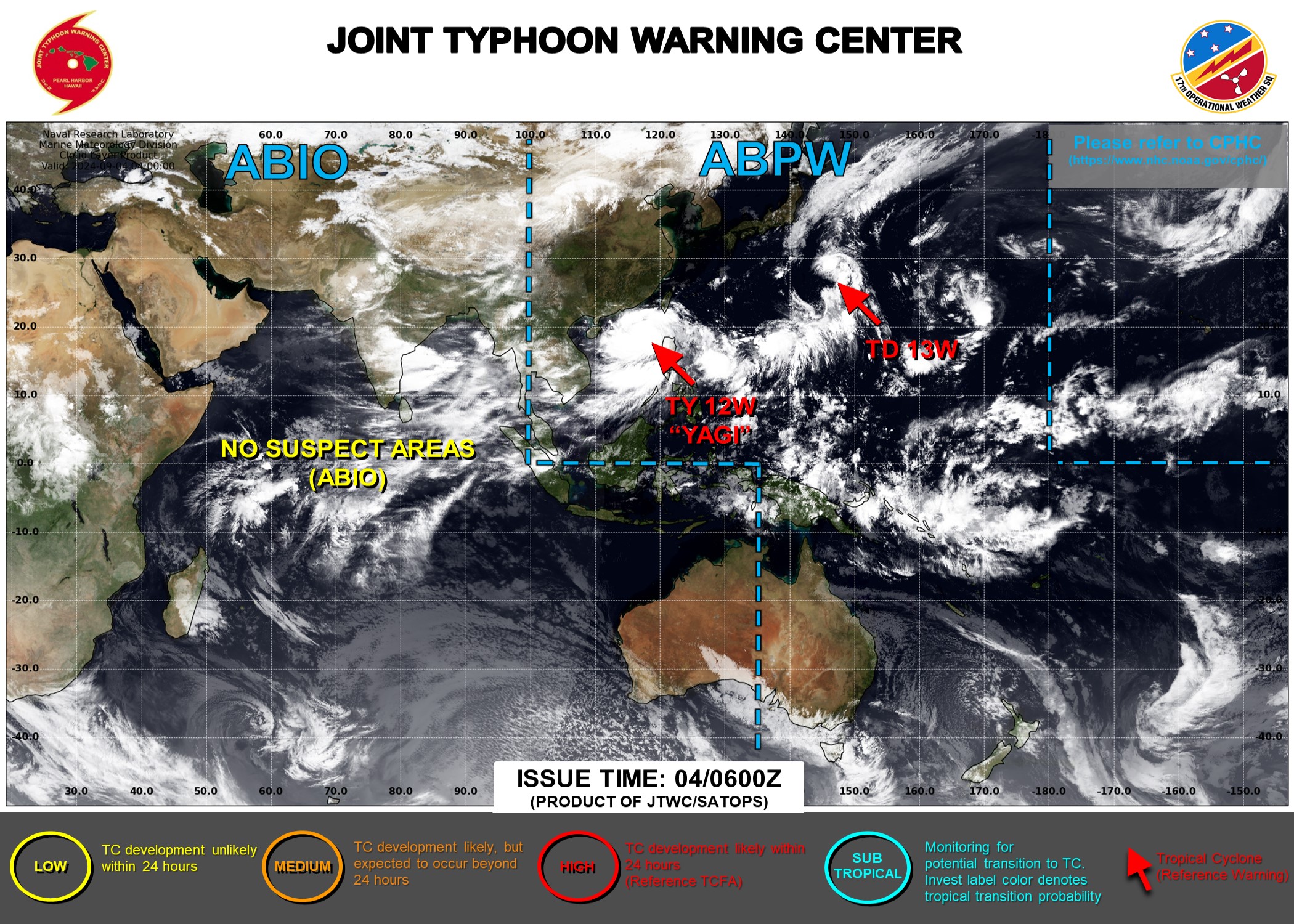 JTWC IS ISSUING 6HOURLY WARNINGS ON 12W AND 13W. 3HOURLY SATELLITE BULLETINS ARE ISSUED ON BOTH SYSTEMS AND ON SUBTROPICAL 01C.