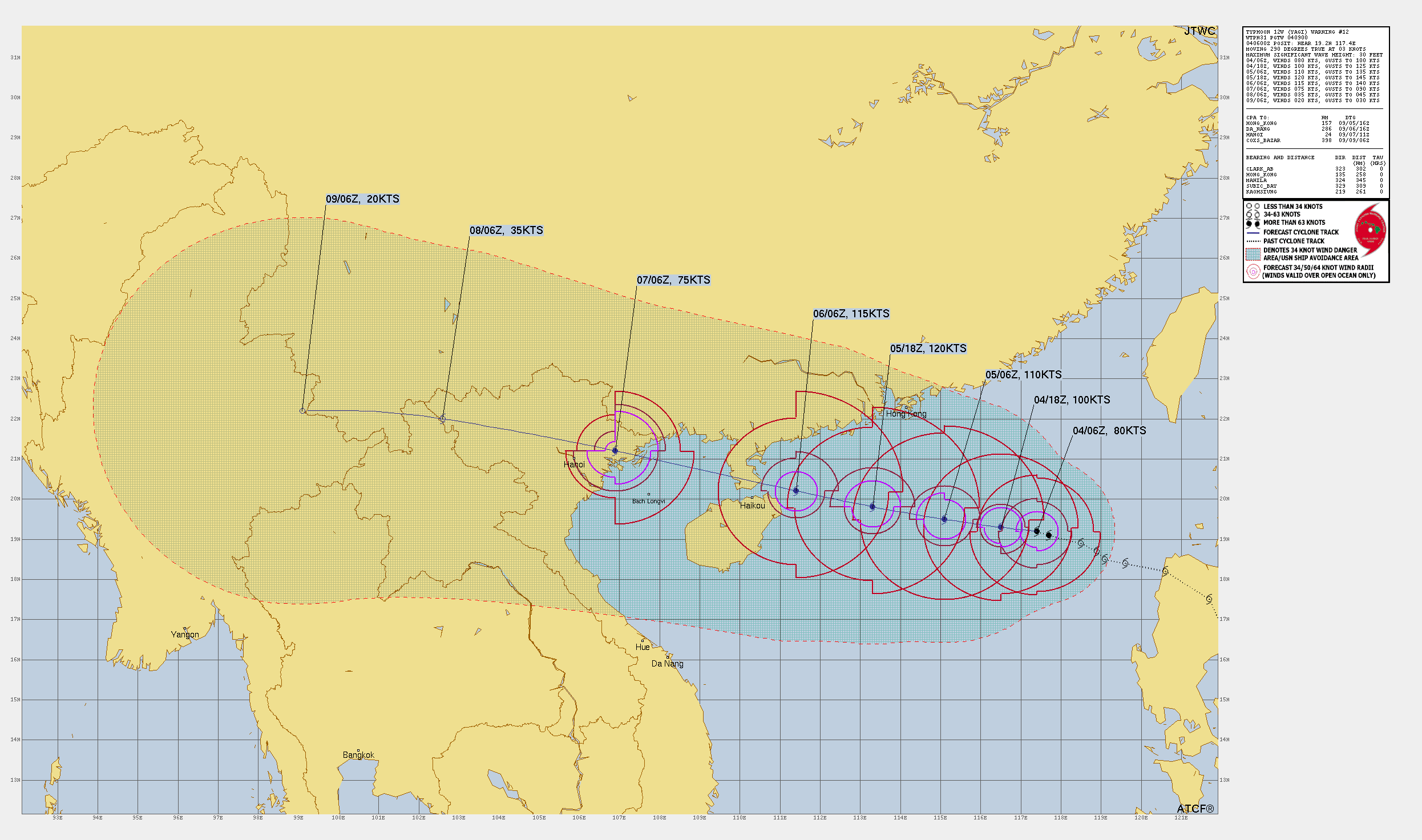 FORECAST REASONING.  SIGNIFICANT FORECAST CHANGES: THERE ARE NO SIGNIFICANT CHANGES TO THE FORECAST FROM THE PREVIOUS WARNING.  FORECAST DISCUSSION: TYPHOON (TY) 12W WILL CONTINUE TO BE DRIVEN WEST-NORTHWESTWARD THROUGH THE END OF THE FORECAST PERIOD WHILE UNDER THE STEERING INFLUENCE OF THE STR TO THE NORTH, PASSING OVER NORTHERN HAINAN AND THE LUICHOW PENINSULA SHORTLY AFTER TAU 48 AND MAKING LANDFALL IN VIETNAM JUST PRIOR TO TAU 72. RAPID INTENSIFICATION WILL CONTINUE WHILE IN THE WARM TUB OF THE SOUTH CHINA SEA WITH A HIGH OCEAN HEAT CONTENT, STRONG UPPER-LEVEL DIVERGENCE, AND LOW SHEAR THAT WILL CONTINUE UNTIL TAU 48. AFTER TAU 48, THE SHEAR WILL BECOME MODERATE AS THE SYSTEM APPROACHES THE COAST AND WILL WEAKEN DUE TO TOPOGRAPHIC INTERACTION. WEAKENING WILL BECOME EVEN MORE DRASTIC AFTER MAKING LANDFALL JUST PRIOR TO TAU 72 LEADING TO FULL DISSIPATION WHILE PASSING OVER THE MOUNTAINOUS TERRAIN OF NORTHERN VIETNAM, LAOS, AND MYANMAR.