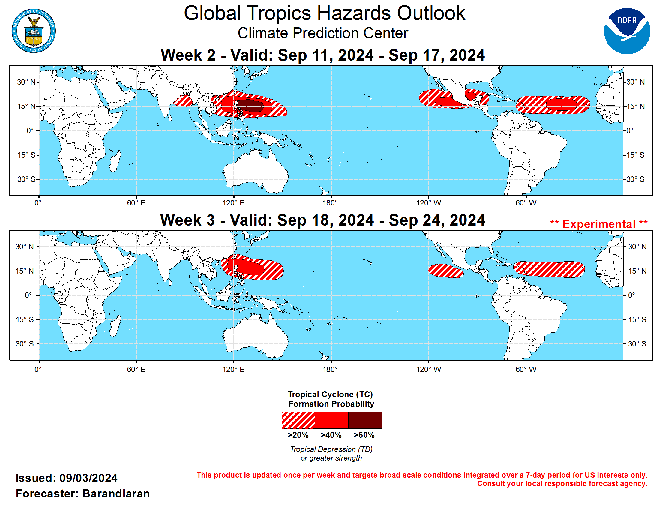 GTH Outlook Discussion Last Updated - 09/03/24 Valid - 09/11/24 - 09/24/24 The MJO has been fairly coherent since early August, having propagated from the Western Hemisphere into the Indian Ocean. The RMM signal has strengthened lately after the MJO emerged from destructive interference from Rossby wave activity. RMM forecasts suggest this modulating signal is likely to continue, as dynamical models indicate the potential for further interference from Rossby waves, or the development of fast-moving Kelvin waves. The large-scale environment is expected to continue to be favorable for Tropical Cyclone (TC) Development in the Western Pacific during the next several weeks. Should the MJO remain coherent over the Maritime Continent and Western Pacific, this historically supports increasingly less favorable conditions for TC formation in the East Pacific and the Main Development Region of the Tropical Atlantic. However, any lowered TC potential is counteracted by an active climatology as well as other modes of tropical variability that contribute to genesis.  One tropical cyclone (TC) formed over the last week. On September 1 TC Yagi formed over the Philippine Sea and tracked over the Philippines and into the South China Sea. The Joint Typhoon Warning Center (JTWC) is forecasting Yagi to intensity to typhoon strength while continuing to track west and make landfall in the coming days near Hainan. For the latest on TC Yagi please refer to the JTWC.  With the MJO favored to be over the Maritime Continent/Western Pacific for both weeks 2&3, TC activity in the West Pacific basin is very likely to be enhanced, on top of an already active climatology as well as very warm SSTs, with anomalies > 2C almost universal, not just for the Western Pacific but for nearly all of the tropical waters of the northern hemisphere. Therefore a high risk (>60% probability) of TC genesis is posted for the Philippine Sea, a moderate risk (>40%) is posted for the eastern South China Sea (SCS) and east to the Marianas islands, and a slight risk (20%) for the remainder of the SCS and portions of the Bay of Bengal, all for week-2. The Western Pacific continues to be favored for TC activity into week-3, with a moderate risk for TC genesis highlighted for the Philippine Sea and a slight risk eastward to the Marianas and west into the SCS.  The TC outlook for the western hemisphere has been, and continues to be, a murky picture. As mentioned above, very warm SSTs argue for high chances of TC activity, while the predicted phase of the MJO (4-5) generally suppresses TC activity over the East Pacific and Atlantic. The synoptic picture over Africa indicates at least decent potential for easterly wave generation, yet ensemble guidance is having a hard time latching onto any given potential wave, at least in today’s solutions. The fundamentals are there though, and the models are not entirely devoid of signal. During week-2 three areas are the focus of those signals, and each is given a moderate risk for TC genesis: the southern coast of Mexico and south of Baja California, the Bay of Campeche, and west of the Cape Verde islands (i.e. the Atlantic Main Development Region, MDR). A slight risk of TC genesis is also posted for the western Caribbean and much of the Eastern Pacific Basin, as well as the remainder of the MDR. The ECMWF indicates an increasing potential for TC genesis south of Mexico into week-3, although this is not supported by the GEFS, so a slight risk of TC genesis is posted for the East Pacific for week-3, as well as for the Atlantic MDR, where both the GEFS and ECMWF continue to give at least some indication of TC activity during week-3.