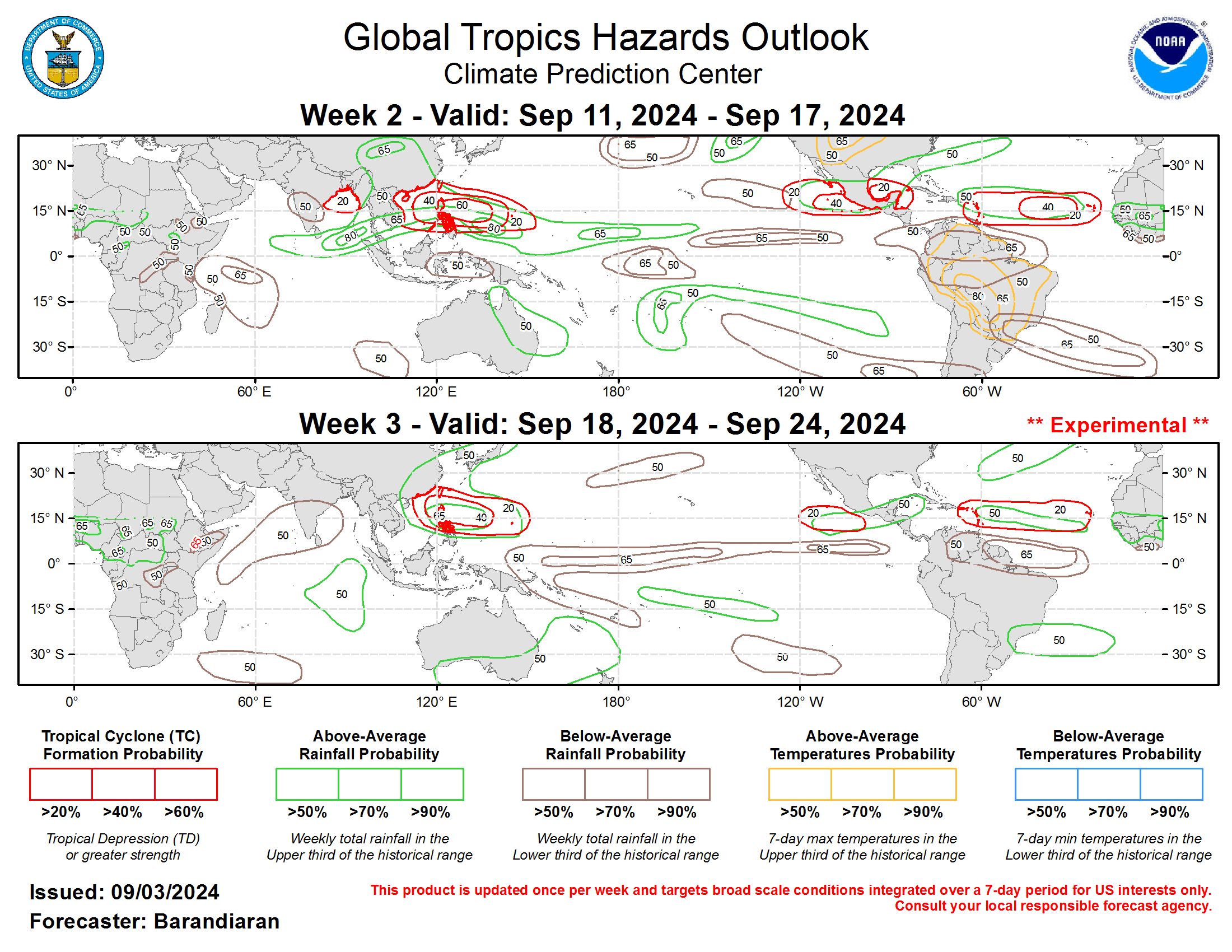 The precipitation outlook for weeks 2 and 3 is based on potential TC activity, the anticipated state of ENSO and the MJO, and informed by GEFS and ECMWF ensemble mean solutions. Enhanced precipitation is favored over portions of Southeast Asia throughout the forecast period with enhanced TC activity anticipated in the region. Increased chances for above-normal precipitation are also indicated for portions of Central America for both weeks. Below-normal precipitation is favored over the equatorial Central Pacific for both weeks, a pattern reminiscent of the canonical La Nina footprint, as well as for the western Indian Ocean as the MJO moves into the Western Pacific. Above-normal temperatures are indicated for the extended Amazon Basin, particularly in the lee of the Andes during week-2, as well as portions of the central U.S.