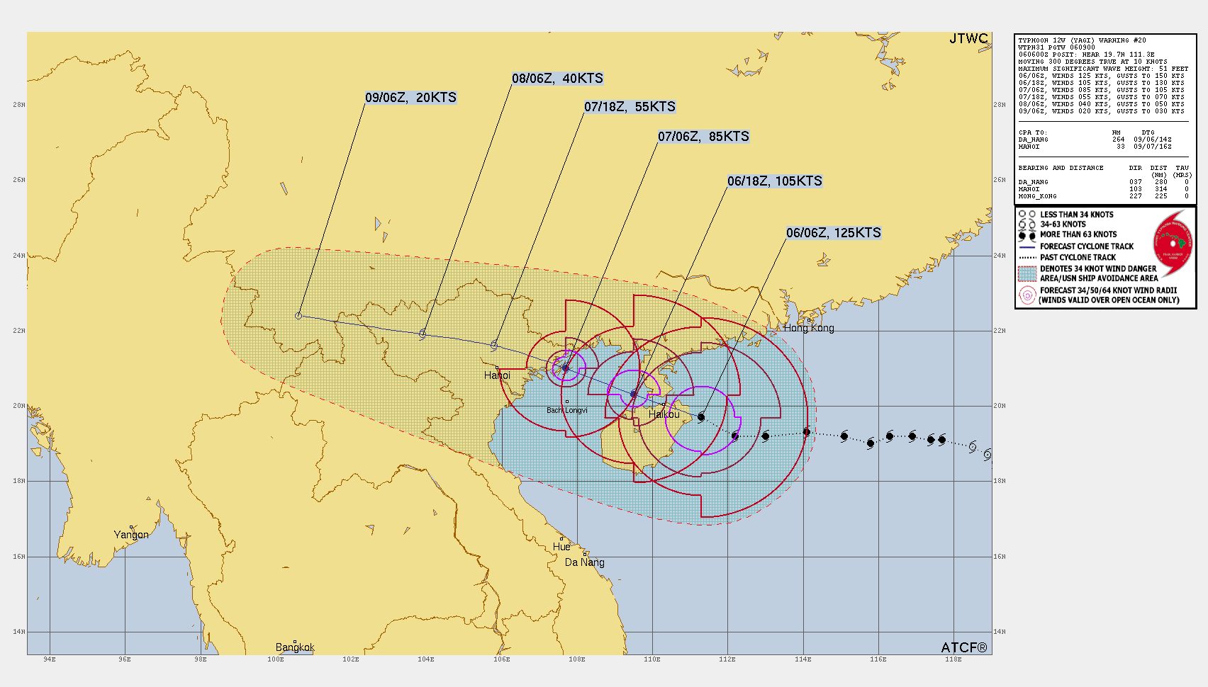 FORECAST REASONING.  SIGNIFICANT FORECAST CHANGES: THERE ARE NO SIGNIFICANT CHANGES TO THE FORECAST FROM THE PREVIOUS WARNING.  FORECAST DISCUSSION: TY 12W IS FORECAST TO TRACK WESTWARD TO WEST- NORTHWESTWARD THROUGH THE FORECAST PERIOD. AS THE SYSTEM TRACKS OVER  HAINAN ISLAND, RAPID WEAKENING WILL COMMENCE DUE TO INTERACTION WITH THE RUGGED TERRAIN. AFTER TAU 12, TY 12W WILL WEAKEN FURTHER AS  IT TRACKS ACROSS THE GULF OF TONKIN, WITH LANDFALL OVER NORTHERN  VIETNAM EXPECTED NEAR TAU 24. AS THE SYSTEM TRACKS INTO NORTHERN  VIETNAM, IT WILL WEAKEN RAPIDLY AND DISSIPATE BY TAU 72.