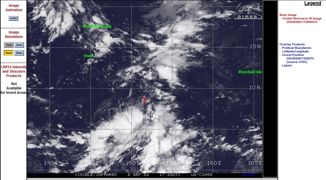 THE AREA OF CONVECTION (INVEST 95W) PREVIOUSLY LOCATED NEAR  8.5N 159.1E IS NOW LOCATED NEAR 8.7N 153.0E, APPROXIMATELY 564 NM  EAST-SOUTHEAST OF GUAM. ANIMATED MULTISPECTRAL SATELLITE IMAGERY (MSI)  DEPICTS A DISORGANIZED LOW-LEVEL CIRCULATION (LLC) WITH FORMATIVE  BANDING. A PARTIAL 080341Z AMSR2 MICROWAVE IMAGE DEPICTS LOW-LEVEL  CLOUD BANDING ON THE NORTHERN PERIPHERY OF THE CIRCULATION WITH WEAKLY  ORGANIZED DEEP CONVECTION TO THE SOUTH. AN EARLIER 062339Z METOP-B  ASCAT IMAGE REVEALS CYCLONIC BANDING IN THE NORTHERN PERIPHERY OF THE  TROUGHING REGION BUT AN ABSENCE OF WESTERLY SUPPORT TO THE SOUTH OF  THE CIRCULATION. ENVIRONMENTAL ANALYSIS REVEALS A FAVORABLE  ENVIRONMENT WITH LOW VERTICAL WIND SHEAR OF 10-15KTS, GOOD POLEWARD  OUTFLOW AND WARM SEA SURFACE TEMPERATURES OF 30-31 DEGREES C.  GLOBAL MODELS INDICATE STEADY DEVELOPMENT WITH A NORTHWESTWARD TRACK  OVER THE NEXT 2-3 DAYS. MAXIMUM SUSTAINED SURFACE WINDS ARE ESTIMATED  AT 18 TO 23 KNOTS. MINIMUM SEA LEVEL PRESSURE IS ESTIMATED TO BE NEAR  1006 MB. THE POTENTIAL FOR THE DEVELOPMENT OF A SIGNIFICANT TROPICAL  CYCLONE WITHIN THE NEXT 24 HOURS REMAINS MEDIUM.