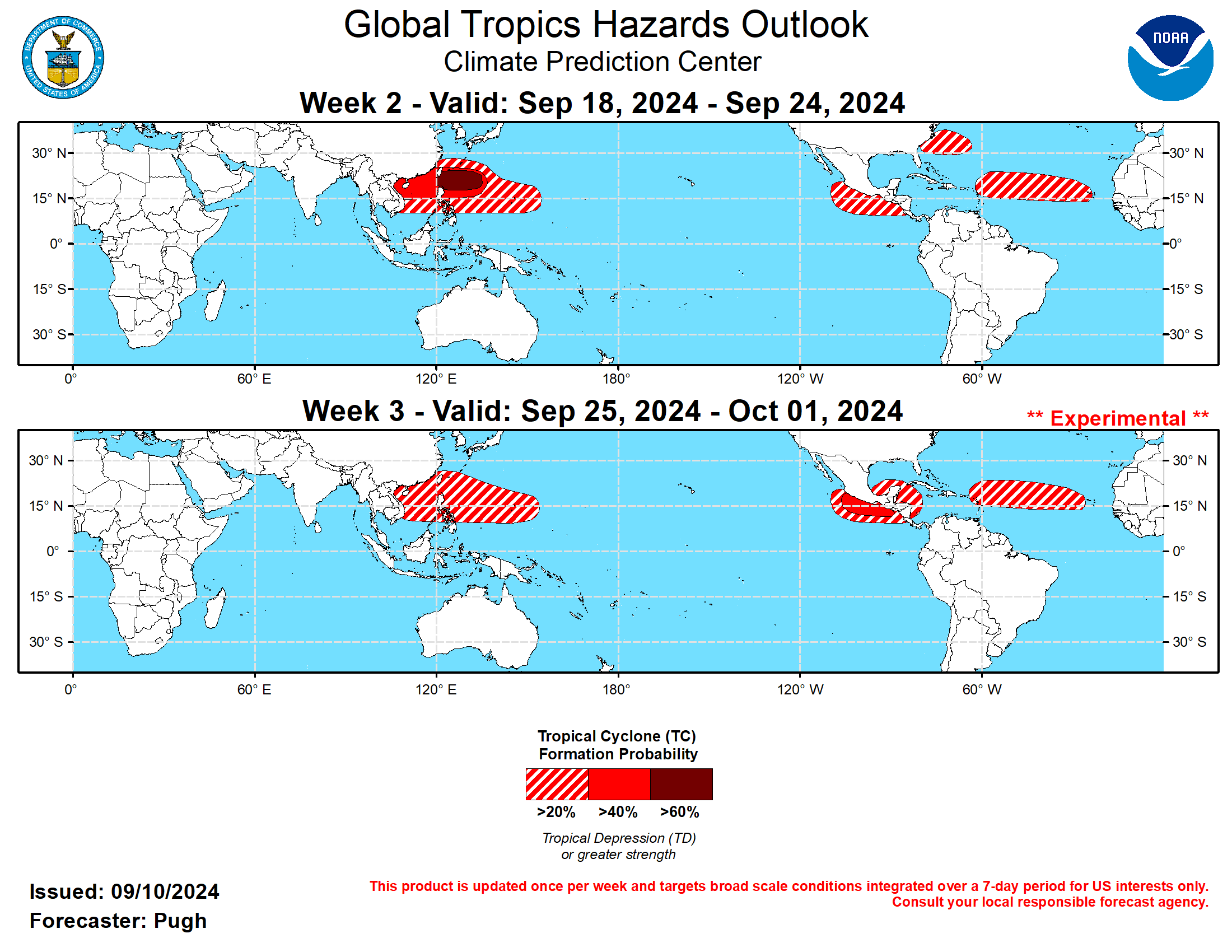 GTH Outlook Discussion Last Updated - 09/10/24 Valid - 09/18/24 - 10/01/24 A well-defined Madden Julian Oscillation (MJO) propagated eastward from the Indian Ocean to the Maritime Continent during the latter half of August. By early September, the eastward propagation of the MJO slowed due to interaction with Equatorial Rossby waves. The emerging low-frequency state with a transition to La Nina is also likely contributing to this slower progression. Dynamical models diverge on the MJO evolution during the next two to three weeks. The ECMWF and CFS models maintain a coherent MJO with it resuming eastward propagation to the Western Hemisphere, while the GEFS depicts a weaker MJO. The weeks 2 and 3 GTH outlook leaned towards the ECMWF and CFS model solutions.  Tropical Storm Francine developed in the southwestern Gulf of Mexico on September 9 and is forecast to make landfall as a hurricane along the Louisiana Gulf Coast on September 11. Francine was the 1st tropical cyclone to form over the Atlantic basin since Hurricane Ernesto which developed on August 12. Please refer to the National Hurricane Center (NHC) for the latest updates and forecasts on Francine. The NHC is monitoring a pair of tropical waves over the Central Tropical Atlantic and at least one of these is likely to become a tropical cyclone (TC) during the next week. An amplified 500-hPa trough over the Central Atlantic would favor a north to northeastward track (east of 70W) of this potential TC. Many GFS and ECMWF ensemble members continue to spin up a subtropical low pressure system or TC between the East Coast of the United States and Bermuda from September 18 to 24. This would be consistent with the predicted longwave pattern that features an anomalous 500-hPa ridge over the higher latitudes of eastern North American to the north of a mid-level trough. Therefore, from September 18 to 24, a 20 to 40 percent chance of TC development is posted for portions of the western Atlantic. Climatology and the expectation for atmospheric Kelvin waves to cross the western Hemisphere support a 20 to 40 percent chance of TC genesis across the Main Development Region of the Atlantic for both weeks 2 and 3. By the end of September, the MJO is expected to also provide a more favorable large-scale environment for TC development across the southern Gulf of Mexico and western Caribbean Sea.  Over the East Pacific, a TC may form near the southern Baja Peninsula prior to week-2. Regardless of development, it is forecast to bring a northward surge of enhanced low to mid-level moisture to the west-central United States. A continued eastward propagation of the MJO, per the ECMWF and CFS models, would result in an elevated chance (20-40 percent) of TC formation across the East Pacific during week-2 with chances increasing to 40-60 percent by week-3 (September 25-October 1).  On September 6, Super Typhoon Yagi made landfall on Hainan Island in southern China and then tracked westward into northern Vietnam. Yagi was the 2nd strongest tropical cyclone globally of 2024, behind Hurricane Beryl in the Atlantic. Another TC (Tropical Depression 14W) developed in the West Pacific on September 10. The Joint Typhoon Warning Center forecasts this TC to strengthen as it tracks northwestward, between Taiwan and southern Japan. Based on MJO composites and dynamical model guidance, the West Pacific is forecast to remain active through mid to late September. A greater than 60 percent chance of TC development is posted for the West Pacific from September 18 to 24 with a broader 40 to 60 percent chance area covering the South China Sea. By week-3 (September 25 to October 1), MJO composites and dynamical model probabilities favor a decreasing chance (20-40 percent) of TC formation for the West Pacific.