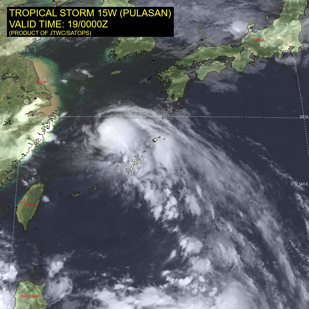 SATELLITE ANALYSIS, INITIAL POSITION AND INTENSITY DISCUSSION: ANIMATED MULTISPECTRAL SATELLITE IMAGERY (MSI) DEPICTS 15W (PULASAN) WITH A FEATURES MORE CONSISTENT WITH A TROPICAL CYCLONE VICE A MONSOON DEPRESSION. THE LOW-LEVEL CIRCULATION CENTER (LLCC) HAS CONTINUED TO CONSOLIDATE WITH PERSISTENT CONVECTION OVER THE CENTER. ENVIRONMENTAL ANALYSIS INDICATES THAT 15W IS CURRENTLY IN A MARGINALLY FAVORABLE ENVIRONMENT CHARACTERIZED BY MODERATE OUTFLOW ALOFT, LOW (5-10 KTS) VERTICAL WIND SHEAR, AND WARM (29-30 C) SEA SURFACE TEMPERATURES OFFSET BY DRY AIR ENTRAINMENT. THE INITIAL POSITION IS PLACED WITH MEDIUM CONFIDENCE BASED ON THE ANIMATED MSI SHOWING THE CONSOLIDATING LLCC. THE INITIAL INTENSITY OF 40 KTS IS ASSESSED WITH MEDIUM CONFIDENCE BASED ON THE HIGH END OF INTENSITY  ESTIMATES LISTED.