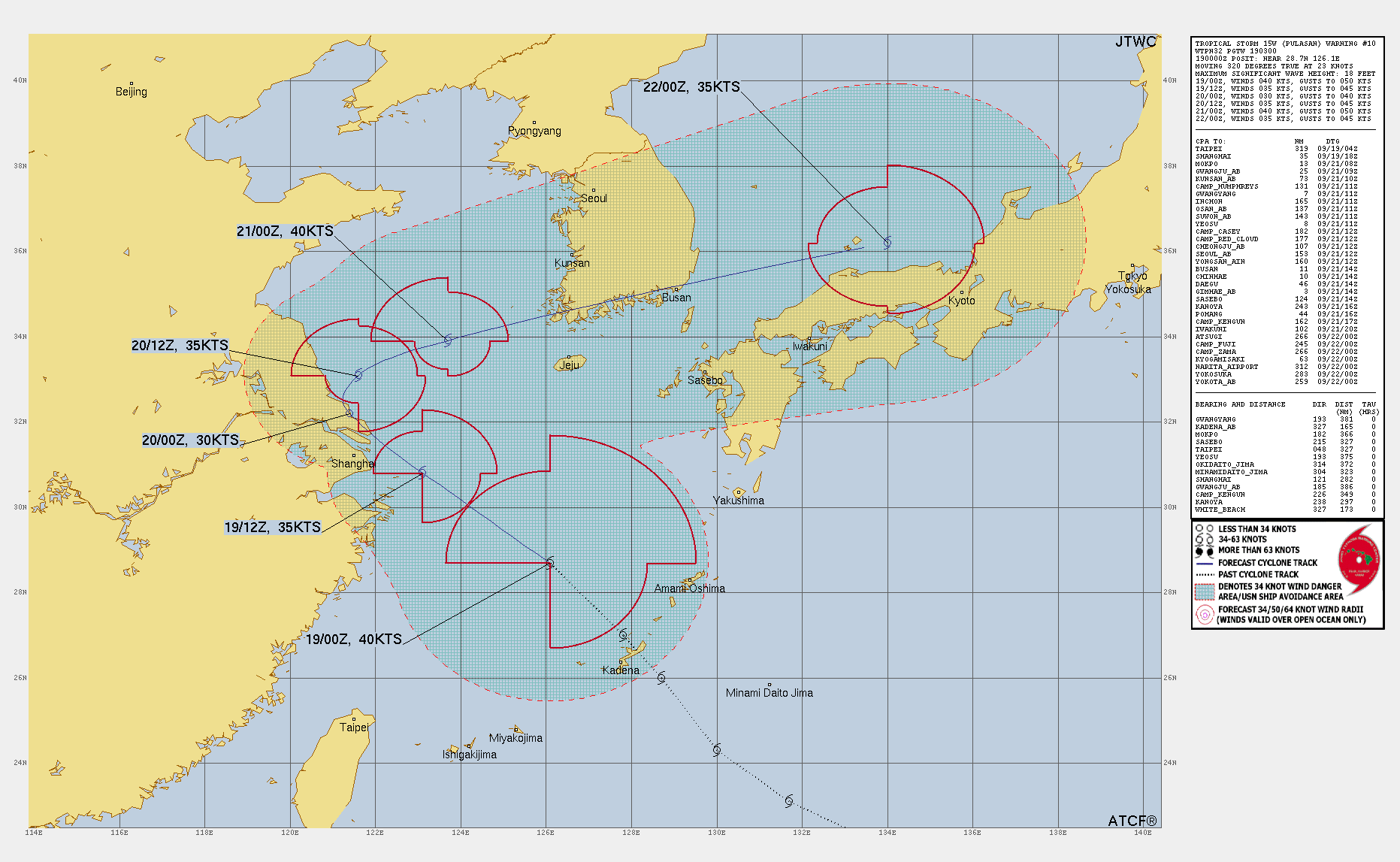 FORECAST REASONING.  SIGNIFICANT FORECAST CHANGES: THERE ARE NO SIGNIFICANT CHANGES TO THE FORECAST FROM THE PREVIOUS WARNING.  FORECAST DISCUSSION: 15W IS FORECAST TO CONTINUE TRACKING NORTHWESTWARD ALONG THE PERIPHERY OF THE STR TO THE NORTHEAST THROUGH TAU 24. NEAR TAU 24, 15W IS ANTICIPATED TO MAKE LANDFALL NEAR SHANGHAI AND A TROUGH THAT BEGINS TO BREAK DOWN AN EXTENSION OF THE RIDGE CREATES A WEAK STEERING ENVIRONMENT CAUSING VERY SLOW TRACK SPEEDS AROUND THAT TIME. AT TAU 36, 15W IS FORECAST TO THEN START AN EAST-NORTHEASTWARD TRACK AS THE RIDGE TAKES OVER AS THE PRIMARY STEERING INFLUENCE ONCE AGAIN. AROUND TAU 48, TRACK SPEEDS ARE EXPECTED TO GREATLY INCREASE DUE TO INTERACTION WITH THE JET MARKING THE BEGINNING OF EXTRATROPICAL TRANSITION. THE SYSTEM WILL THEN TRACK BRISKLY ALONG THE SOUTHERN COAST OF SOUTH KOREA IN THE KOREA STRAIT AND INTO THE SEA OF JAPAN. AS A RESULT OF THE BAROCLINIC ZONE BEING PUSHED SOUTH BY THE TROUGH, 15W IS FORECAST TO QUICKLY COMPLETE EXTRATROPICAL TRANSITION NEAR TAU 72. REGARDING INTENSITY, 15W IS EXPECTED TO GRADUALLY WEAKEN AS IT HEADS TOWARD SHANGHAI WHERE IT MAKES LANDFALL AS A BORDERLINE TROPICAL STORM. ONCE THE SYSTEM MAKES IT BACK OUT OVER WATER, A STEADY INTENSIFICATION TREND WILL ENSUE, HOWEVER STRONG VERTICAL WIND SHEAR WILL CAP THE INTENSITY TO A PEAK OF 40 KTS.