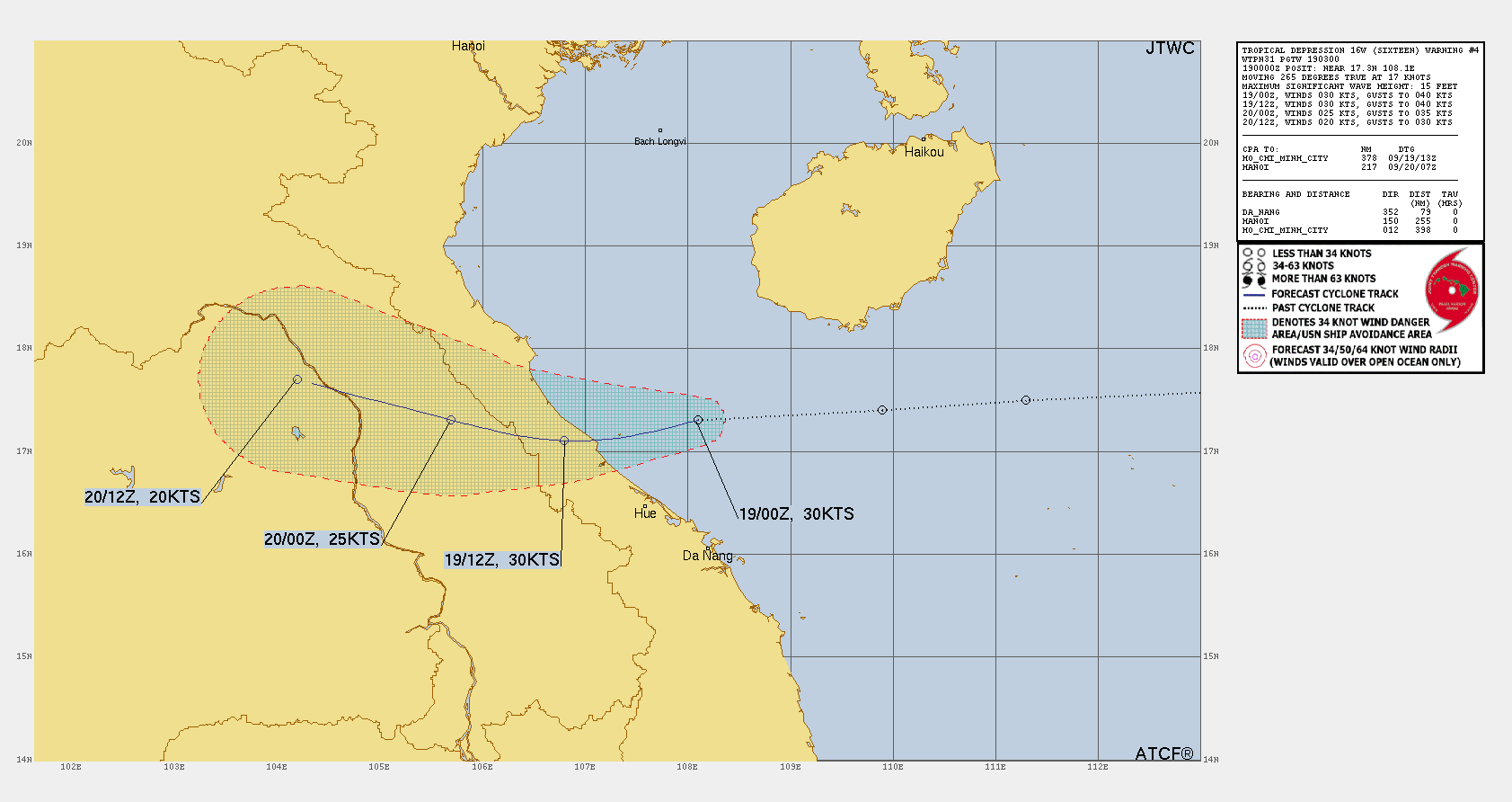 FORECAST REASONING.  SIGNIFICANT FORECAST CHANGES: THERE ARE NO SIGNIFICANT CHANGES TO THE FORECAST FROM THE PREVIOUS WARNING.  FORECAST DISCUSSION: TD 16W SPEED OVER WATER INCREASED TO 17 KTS SINCE THE LAST FORECAST AND THE SYSTEM IS HEADING TOWARDS NORTHERN VIETNAM AND IS EXPECTED TO MAKE LANDFALL APPROXIMATELY 90 NM NORTHWEST OF DA NANG, WHILE MAINTAINING ITS CURRENT INTENSITY OF 30 KTS. SINCE THEN, DUE TO TERRAIN INTERACTION, TD 16W IS FORECAST TO BEGIN STEADY WEAKENING DOWN TO 20 KTS INTENSITY BY TAU 36. WHILE THE SEA SURFACE TEMPERATURES ARE LOWERING, THE 29-30 DEGREES CELSIUS ARE STILL FAVORABLE. VERTICAL WIND SHEAR HOWEVER IS ON THE HIGHER END OF THE 15-20 KTS THRESHOLD, HINDERING ANY FURTHER DEVELOPMENT.