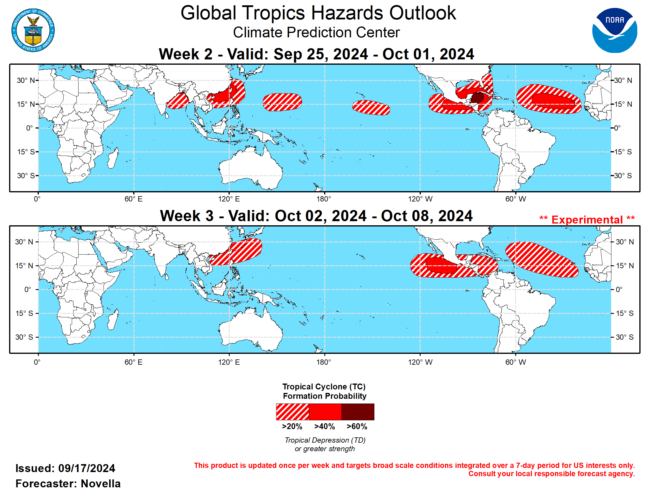 RMM observations show the MJO signal has struggled to fully propagate out of the Maritime Continent since late August. The stalling nature of the MJO signal appears to be related to continued Rossby wave activity in the western Pacific and Maritime Continent which has led to fluctuations of amplitude over this part of tropics in recent weeks. However, the signal has regained amplitude while resuming its eastward propagation more recently, and there is better confidence in the outlook that the MJO will continue to propagate into the Western Pacific and enter the Western Hemisphere during the next several weeks based on improved agreement in the RMM forecasts. While there remains some disagreement in regards to the strength and evolution of the MJO in the upper-level velocity potential forecasts among the models, objective wave filtering suggests that other modes of tropical variability are expected to be important contributors to Tropical Cyclone (TC) potential in the outlook. Specifically, strong Kelvin wave activity moving ahead of the enhanced convective MJO envelope looks to provide favorable conditions for tropical cyclogenesis over the tropical Americas, where continued signs of equatorial Rossby wave activity and a low frequency response aloft is expected to keep the western Pacific active through the end of September. Any reorganizing MJO is also expected to lead to an interruption of an enhanced trade regime over the equatorial Pacific, which may have implications on the favored transition to La Nina conditions later this fall.  During the past week, three TCs developed in the global tropics. In the eastern Pacific, TC Ileana formed on 9/12 and peaked at Tropical Storm intensity as it neared Los Cabos, Baja California bringing heavy precipitation to the region. Before dissipating on 9/15, TC Ileana also brought heavy precipitation and high winds to parts of western Mexico. After forming on 9/11 near 16N/28W in the Atlantic, TC Gordon tracked westward across the Main Development Region (MDR). Intensification had been kept at bay due to periods of high shear and dry air entrainment, and as a result, this system dissipated on 9/17. However, as of 1:30 pm EDT today, the NHC shows 40% chances of Gordon redeveloping, as its remnants enter a more favorable environment in the central Atlantic later this week. In the western Pacific, TC Pulasan formed on 9/16 near 18N/140E in the Philippine Sea, and the Joint Typhoon Warning Center (JTWC) expects this system to track northwestward into the East China Sea at Tropical Storm strength. Contrast to the slow moving TC Gordon in the Atlantic, the JTWC notes that constructive interference between a tropical upper tropospheric trough and a subtropical ridge is leading to an uncharacteristically high forward track speed of the system, where it is forecast to make landfall over eastern China in the next day or so. The JTWC is monitoring another tropical disturbance (98W) located over the northern Philippines with high chances of development, but has yet to form at the time of this writing.  Tied to the aforementioned Kelvin wave activity traversing the tropical Americas, there is good agreement in the models favoring the development of a band of anomalous lower-level westerlies extending from the south of Mexico into the western Caribbean and lower shear supportive of TC development. Based on good run-to-run continuity in both ensemble and deterministic solutions, and trends in the probabilistic TC genesis tools, 60% chances of TC formation are issued over the western Caribbean, with 40% chances covering both basins, and a broader 20% area extending into western Atlantic where tools also depict elevated signals during week-2. In the MDR, there is good support in the ensembles and probabilistic TC genesis tools favoring one or more easterly waves propagating off West Africa, and 40% chances are issued mainly east of 50W with a broad 20% area highlighted for much of the MDR for week-2. Inhibiting factors may still be periods of high dust and increased shear parts of the MDR, though the ITCZ looks to be in a more favorable position over the African Sahel. In the central Pacific, 20% chances are posted for week-2 approximately between 160W and 140W based on increased support in the ensembles for an area of deepening low pressure and probabilistic guidance. In the western Pacific, there is good agreement between GEFS and ECMWF favoring the persistence of anomalous lower-level westerlies extending from the South China Sea to the south of Japan. With several model solutions showing additional low pressure development, in the region 40% chances for development are issued. Further east, a separate area of 20% chances are also issued for the basin, where there is continued support in the probabilistic tools for development mainly east of the Marianas. Tied to Rossby wave activity predicted over eastern Indian Ocean and some support in the tools, 20% chances are also posted in the Bay of Bengal as this basin climatologically experiences its second mode of TC formations entering October.  Should the MJO remain coherent over the Western Hemisphere in October, this historically favors less favorable conditions for TC development in the western Pacific. However, 20% chances are issued over the South China and Philippines Seas during week-3 out of deference to the low frequency response favored in the velocity potential forecasts, as well as climatology. Conversely, a Western Hemisphere MJO would support an elevated potential for development in the Eastern Pacific, and 40% chances are issued to the south of Mexico, with 20% chances extending into parts of the Caribbean. While climatology continues to shift the TC formation potential more into the Caribbean, 20% chances are posted for a broad area in the MDR given modest support in the extended range tools.