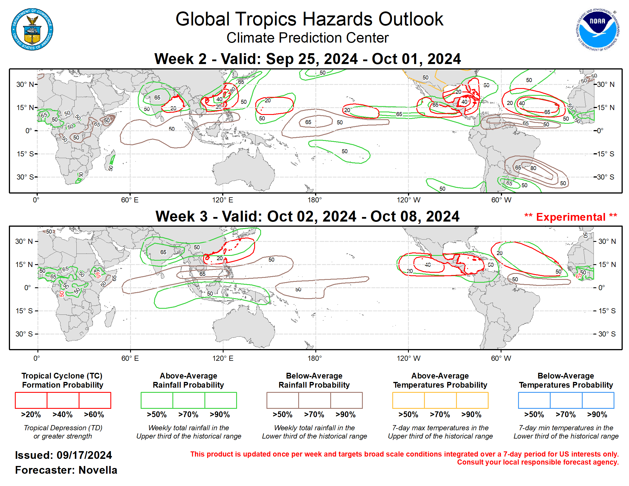 Forecasts for enhanced and suppressed precipitation for weeks 2 and 3 are based on historical composites of Western Pacific and Western Hemisphere MJO events, anticipated TC tracks, and a skill weighted consensus of the CFS, GEFS, ECMWF, and ECCC model systems, with some consideration of ENSO cold phase composites. Tied to amplified 500-hPa ridging favored over much of North America, above-normal temperatures are likely throughout the western and northern CONUS during week-2. For hazardous weather concerns in your area during the next two weeks, please refer to your local NWS office, the Medium Range Hazards Forecast from the Weather Prediction Center (WPC), and the CPC Week-2 Hazards Outlook. Forecasts issued over Africa are made in coordination with the International Desk at CPC.