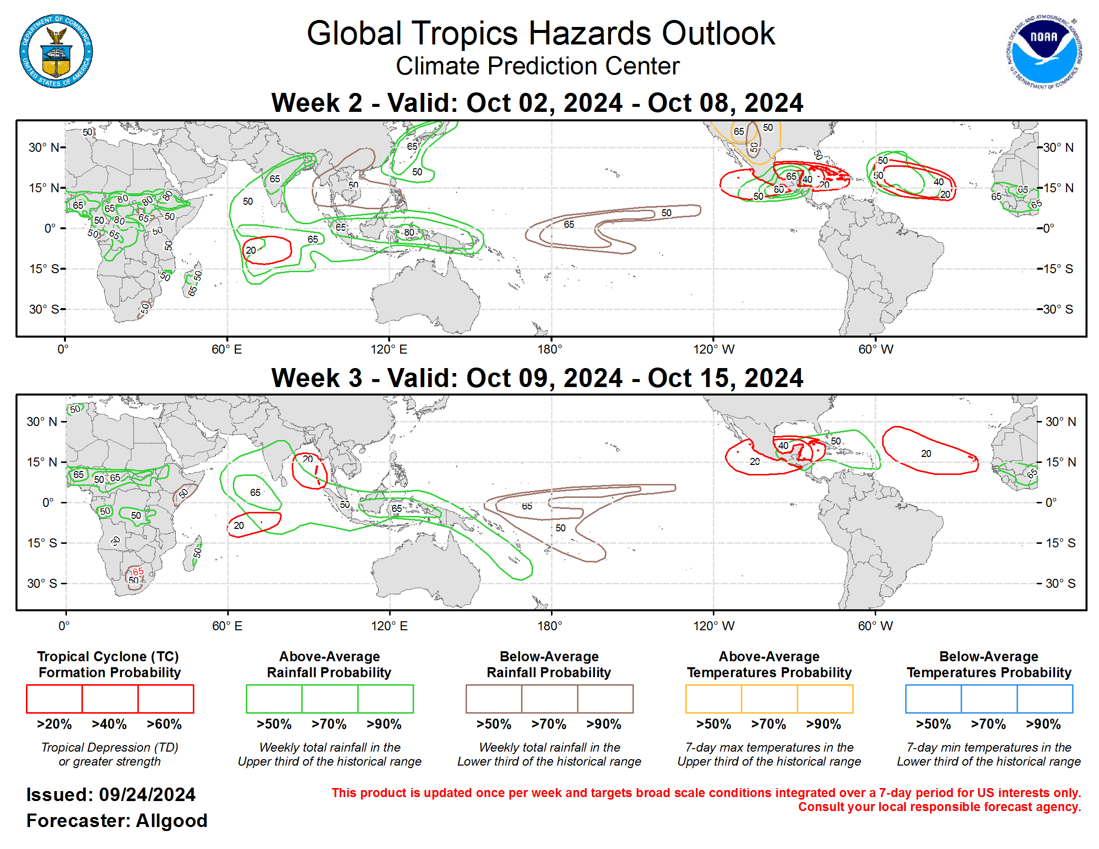 Forecasts for above- and below-normal precipitation are based on composites of MJO activity when the signal crosses the Indian Ocean, along with an anticipated continuation of enhanced convection over the Maritime Continent due to the low frequency base state. A reversal of suppressed conditions is favored for portions of the Western Hemisphere, while trade winds are favored to re-strengthen over the central Pacific after a period of disruption caused by MJO activity. For hazardous weather concerns in your area during the next two weeks, please refer to your local NWS office, the Medium Range Hazards Forecast from the Weather Prediction Center (WPC), and the CPC Week-2 Hazards Outlook. Forecasts issued over Africa are made in coordination with the International Desk at CPC.