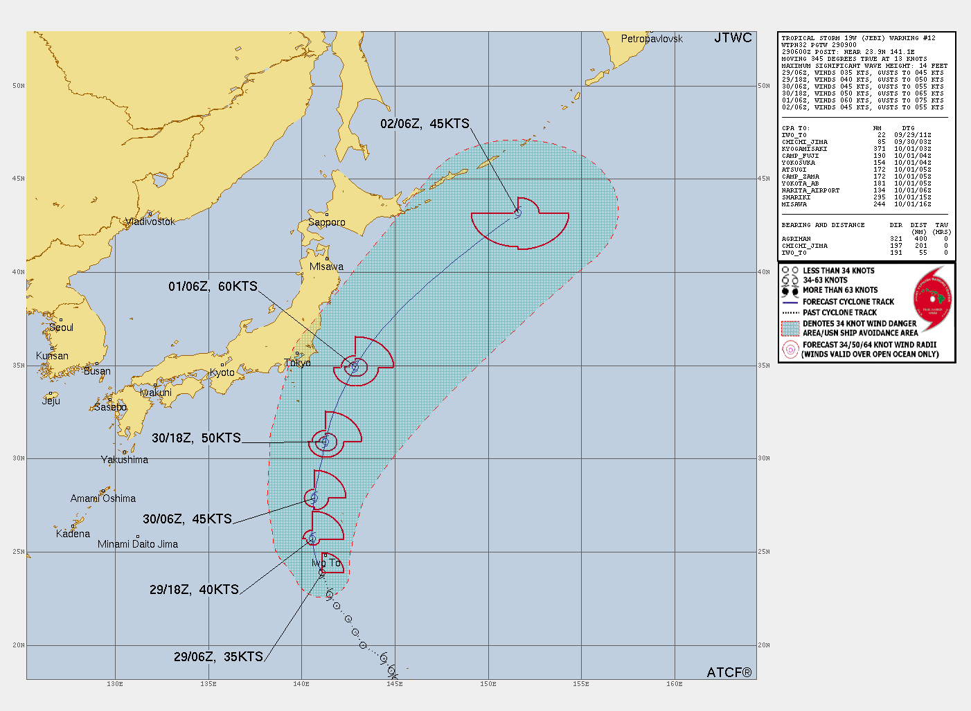 FORECAST REASONING.  SIGNIFICANT FORECAST CHANGES: THERE ARE NO SIGNIFICANT CHANGES TO THE FORECAST FROM THE PREVIOUS WARNING.  FORECAST DISCUSSION: TROPICAL STORM (TS) 19W IS FORECAST TO TRACK NORTHWARD ALONG THE WESTERN PERIPHERY OF THE STR THROUGH TAU 36. STEADY INTENSIFICATION IS ANTICIPATED AS THE UPPER-LOW TO THE WEST, CURRENTLY INHIBITING SIGNIFICANT INTENSIFICATION, FILLS ALLOWING FOR IMPROVED POLEWARD VENTING. AFTER TAU 36, THE SYSTEM WILL BEGIN TO ROUND THE STR AND COMMENCE EXTRA-TROPICAL TRANSITION (ETT) AS IT INTERACTS WITH A SHORTWAVE TROUGH SOUTH OF MAINLAND JAPAN. THE PEAK INTENSITY OF 60 KNOTS WILL OCCUR NEAR TAU 48 DUE TO ROBUST POLEWARD OUTFLOW INTO THE AFOREMENTIONED UPPER-LEVEL TROUGH. THE SYSTEM WILL COMPLETE ETT BY TAU 72 AS IT ACCELERATES INTO THE MIDLATITUDE WESTERLIES EAST OF HOKKAIDO AND RAPIDLY GAINS FRONTAL CHARACTERISTICS.  AFTER TAU 60, THE SYSTEM WILL WEAKEN QUICKLY DUE TO INCREASING  VERTICAL WIND SHEAR AND COOLER SST VALUES LESS THAN 25C.