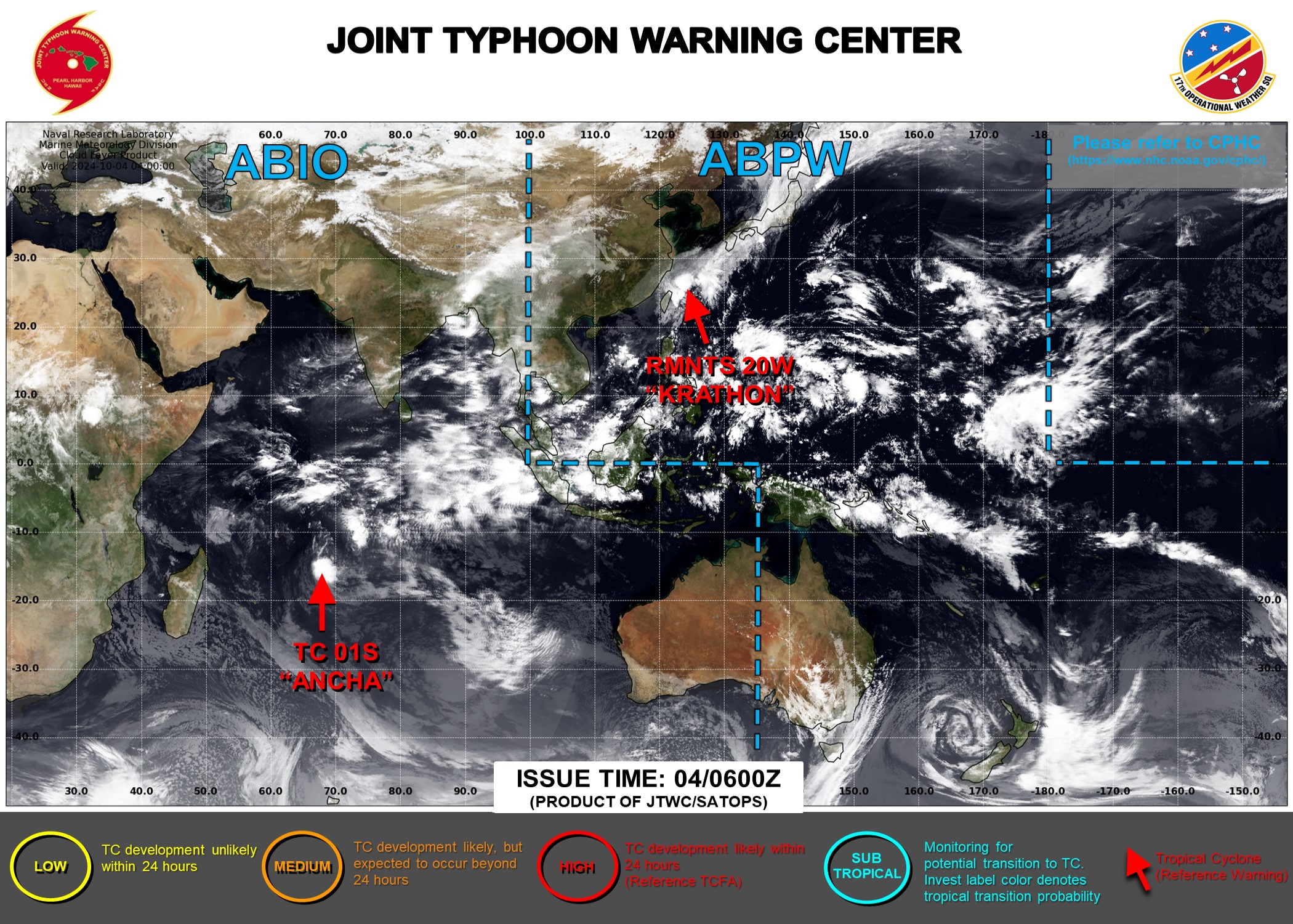 JTWC IS ISSUING 3HOURLY SATELLITE BULLETINS ON THE REMNANTS OF 20W AND ON 01S.