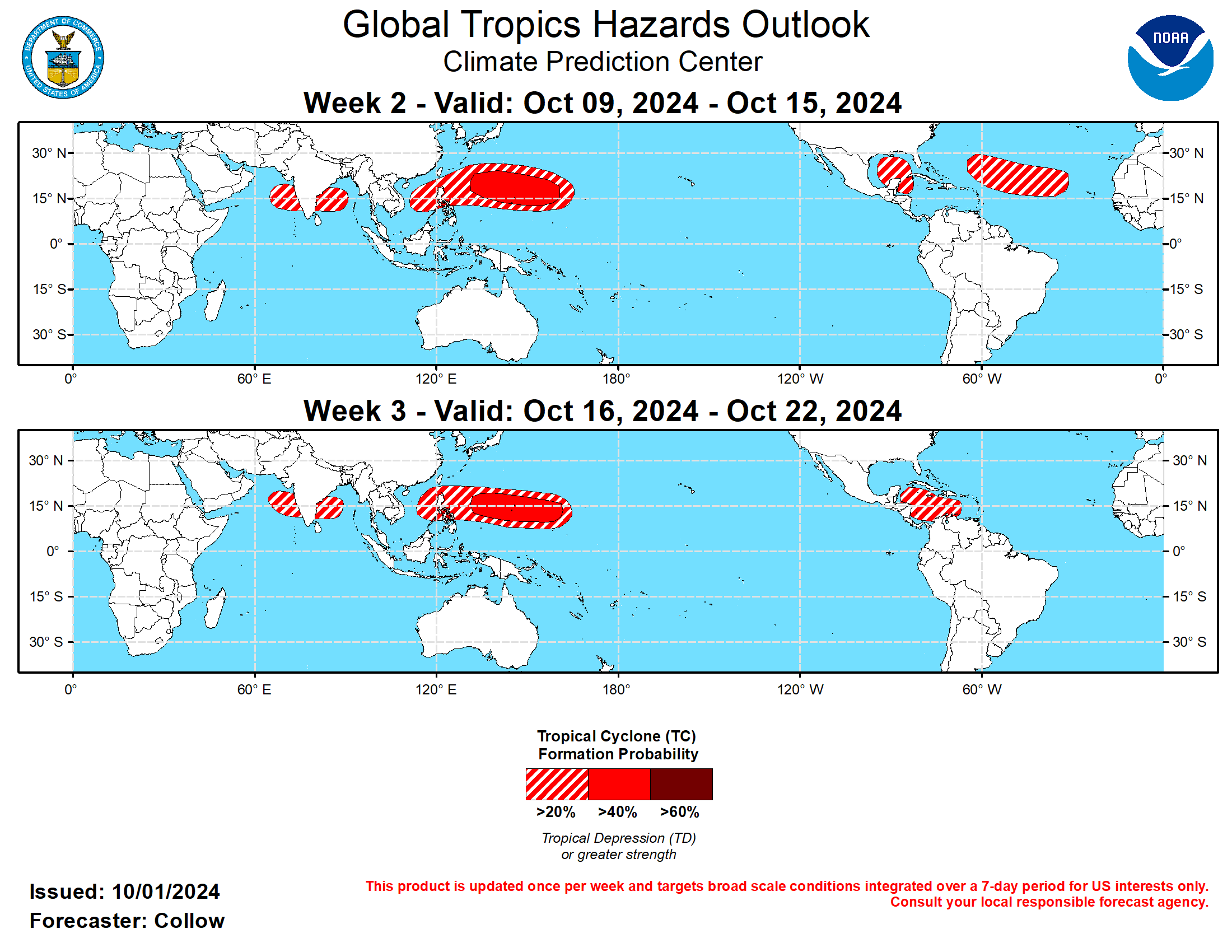 GTH Outlook Discussion Last Updated - 10/01/24 Valid - 10/09/24 - 10/22/24 The MJO is currently active and situated across the Western Hemisphere leading to an uptick in tropical cyclone (TC) activity across the North Atlantic. By week-2, dynamical models depict an eastward propagation of the MJO into the Indian Ocean and Maritime Continent and the suppressed phase moving over the Americas. This favors a reduction in TC development chances across the Atlantic and East Pacific, although a Convectively-Coupled Kelvin Wave (CCKW) may destructively interfere with the suppressed MJO phase leading to an enhancement of TC development chances over the Caribbean later in October. The highest chances for TC formation are forecast over the Western Pacific tied to the incoming MJO combined with an enhanced low frequency convective signal likely related to the emerging La Nina.  While formation occurred in the prior week, category-4 Hurricane Helene made landfall on the Florida Big Bend region on 9/26, with extensive damage and catastrophic flooding extending through the Southeast and Carolinas. Hurricane Issac formed on 9/26 over the North Atlantic and Tropical Storm Joyce (9/27) was a weak, short-lived system across the Main Development Region (MDR). Tropical Storm Kirk developed on 9/29 and is forecast to become a powerful hurricane over the open waters of the Atlantic. The easterly wave behind Kirk is strongly favored to develop into a TC during week-1. The National Hurricane Center (NHC) continues to monitor a tropical disturbance over the northwestern Caribbean that may develop into a tropical cyclone during week-1. However, recent model runs have slowed down potential development, carrying elevated chances into the week-2 period. Of particular concern is this new system could bring heavy rainfall to parts of the Gulf Coast and some of the same regions impacted by Helene. Given some emerging timing uncertainty, a 20-40% chance of TC development is indicated during week-2 over this area. While TC development in the MDR is favored to slow down due to the October climatology along with a more suppressed convective environment aloft, it is plausible to get an additional easterly wave to spin up into a TC given how active it has been recently, favoring 20-40% chances for TC development in week-2 over the MDR. By week-3, TC development is most favored in the Caribbean where a 20-40% chance is highlighted, consistent with climatology and the aforementioned CCKW.  Across the Eastern Pacific, Hurricane John regenerated off the southern coast of Mexico on 9/25 causing prolonged impacts across the region. Two additional areas are being monitored for development by NHC with high chances during week-1. By week-2, the suppressed phase of the MJO favors a reduction in TC activity. The Western Pacific has been active as well with the formations of Cimaron (9/25), Jebi (9/27), and Krathon (9/28). Cimaron was a weak tropical storm that meandered to the south of Japan. Jebi briefly attained typhoon status before weakening as it skirted Japan. Krathon is the most significant of these systems to have formed, becoming a super typhoon and resulting in flooding across parts of the Philippines and is now forecast to move toward Taiwan. The large scale environment is likely to remain favorable for TC development through much of October, due to the upstream MJO combined with the low frequency enhanced convective footprint providing an additional boost. As a result, 40-60% chances of TC development are forecast for weeks 2 and 3 across the Western Pacific east of the Philippines, with a 20-40% chance extending into the South China Sea.  As the MJO moves into the Indian Ocean by week-2, TC development is possible in the Bay of Bengal and Arabian Sea (20-40% chance for both weeks 2 and 3). This is supported by increased filtered TC track densities in the GEFS and ECENS models. An early start to the South Indian Ocean season is also possible, with Invest 91S being monitored for possible development near 10 deg S, 75 deg W. Any development is most likely to occur during week-1, with decreasing chances by week-2 precluding a related TC formation area in the forecast.