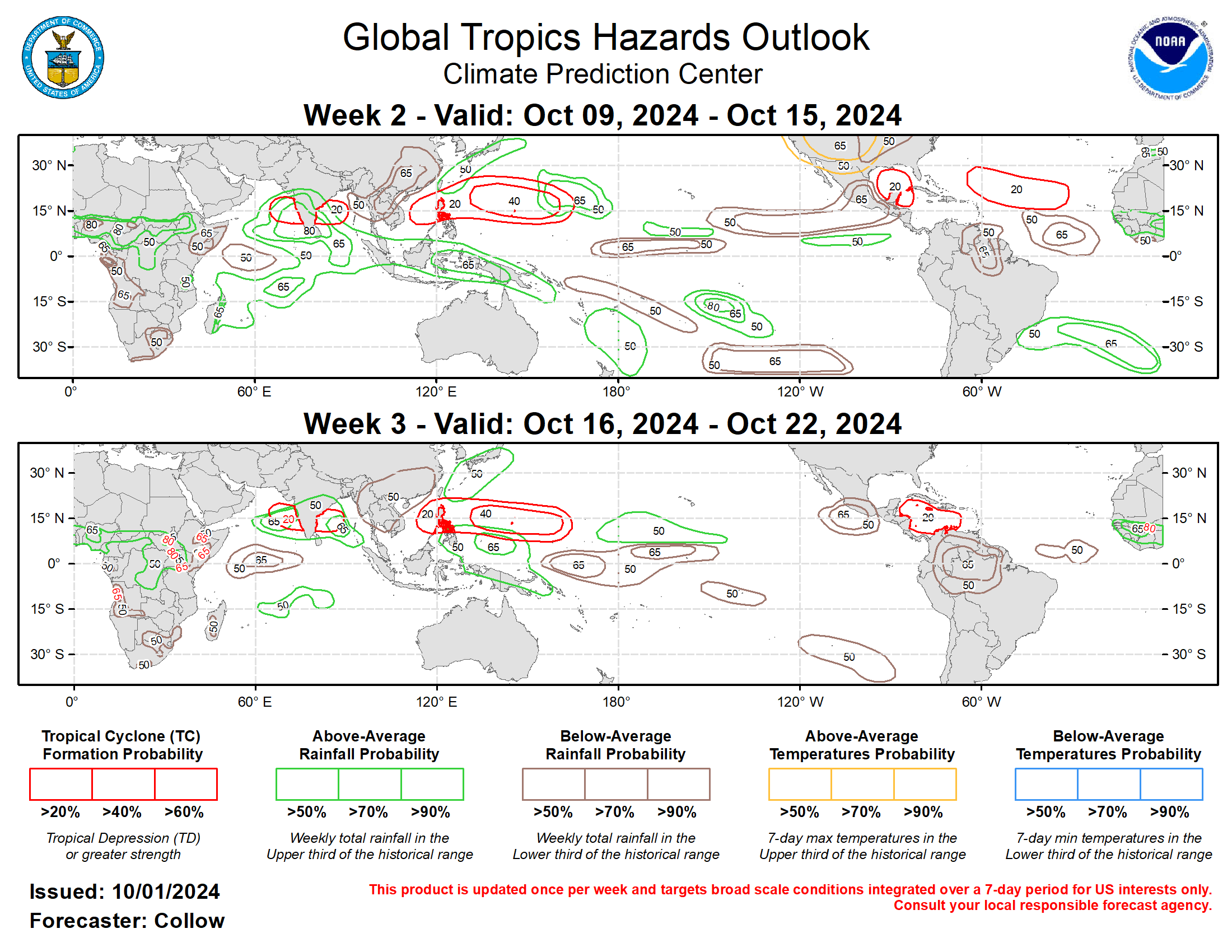 Forecasts for above- and below-normal precipitation are based on composites of MJO activity in the Indian Ocean and Maritime Continent combined with the low frequency enhanced convection over the region. The suppressed phase of the MJO favors increased chances for below-normal precipitation across the Eastern Pacific and extending into parts of the Americas. Above-normal temperatures are forecast across the western half of the contiguous U.S. during week-2. For hazardous weather concerns in your area during the next two weeks, please refer to your local NWS office, the Medium Range Hazards Forecast from the Weather Prediction Center (WPC), and the CPC Week-2 Hazards Outlook. Forecasts issued over Africa are made in coordination with the International Desk at CPC.