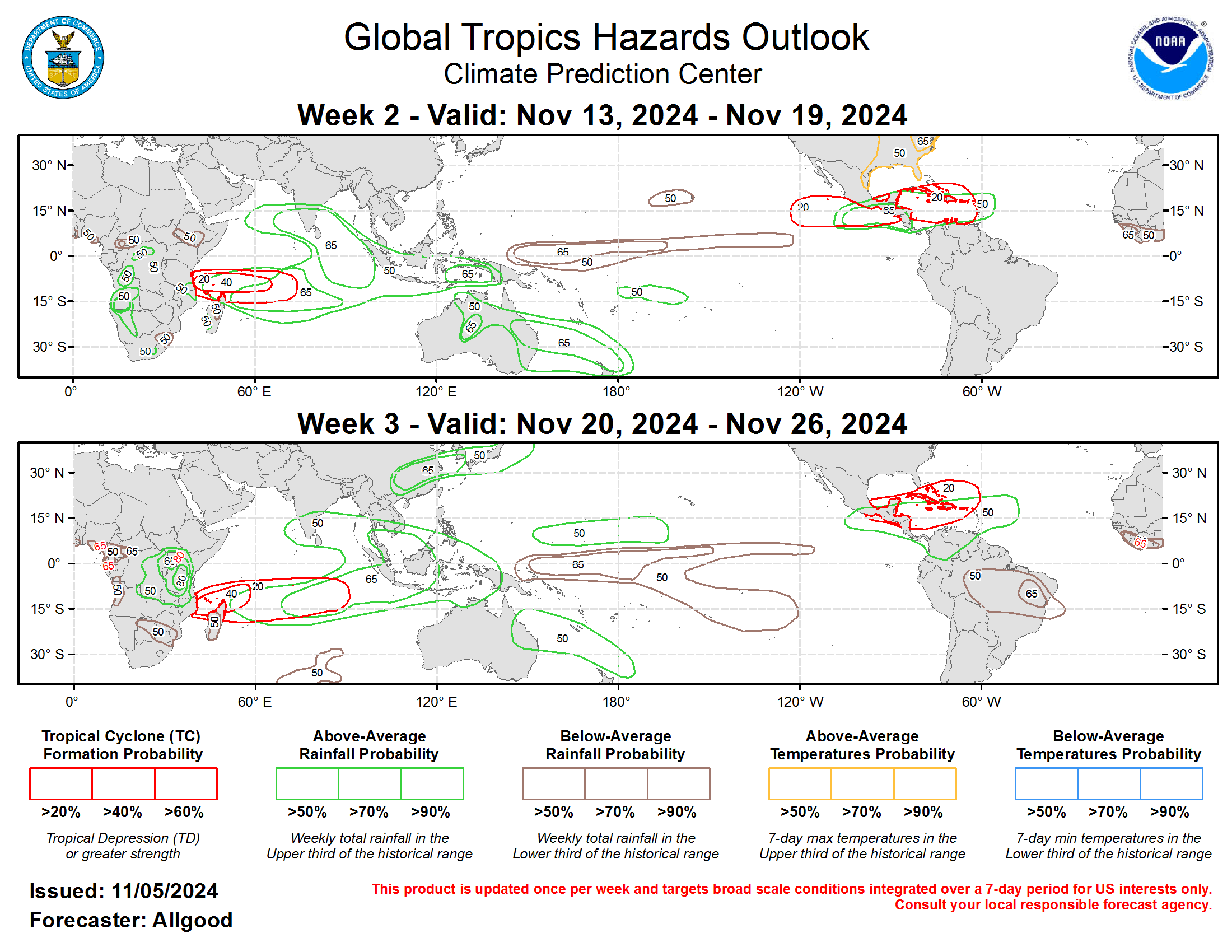 Forecasts for above- and below-average precipitation during Weeks 2 and 3 are based on historical composites of Indian Ocean and Maritime Continent MJO events, a low frequency state leaning towards La Niña, and a skill consolidated blend of dynamical model guidance. Widespread above-average precipitation is favored to develop across the Indian Ocean basin during the outlook period, with enhancement spreading across the equatorial Maritime Continent. Less wetness was indicated for the equatorial eastern Indian Ocean based on model guidance, which may be attributed to subsidence from tropical cyclone activity or equatorial Rossby wave activity. In contrast, suppressed rainfall is favored across the central Pacific due to constructive interference between the MJO suppressed phase and the low frequency base state. Above-normal temperatures are indicated for portions of the eastern U.S. during week-2. For hazardous weather conditions in your area during the coming two-week period, please refer to your local NWS office, the Medium Range Hazards Forecast produced by the Weather Prediction Center, and the CPC Week-2 Hazards Outlook. Forecasts made over Africa are made in coordination with the International Desk at CPC.