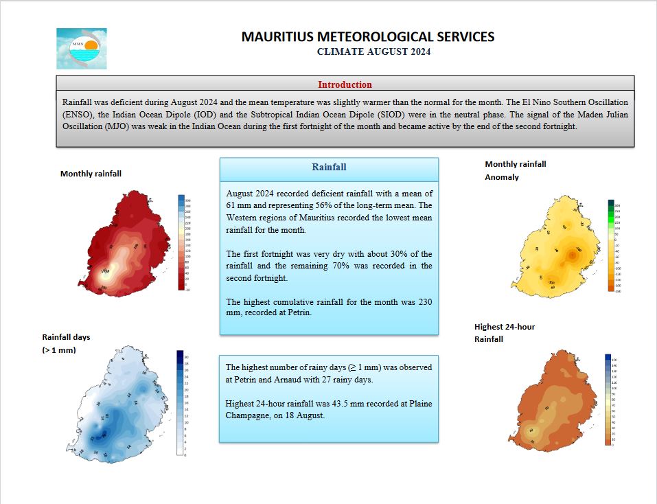 AOUT 2024 à MAURICE: warmer than normal, drier than normal//MMS Report