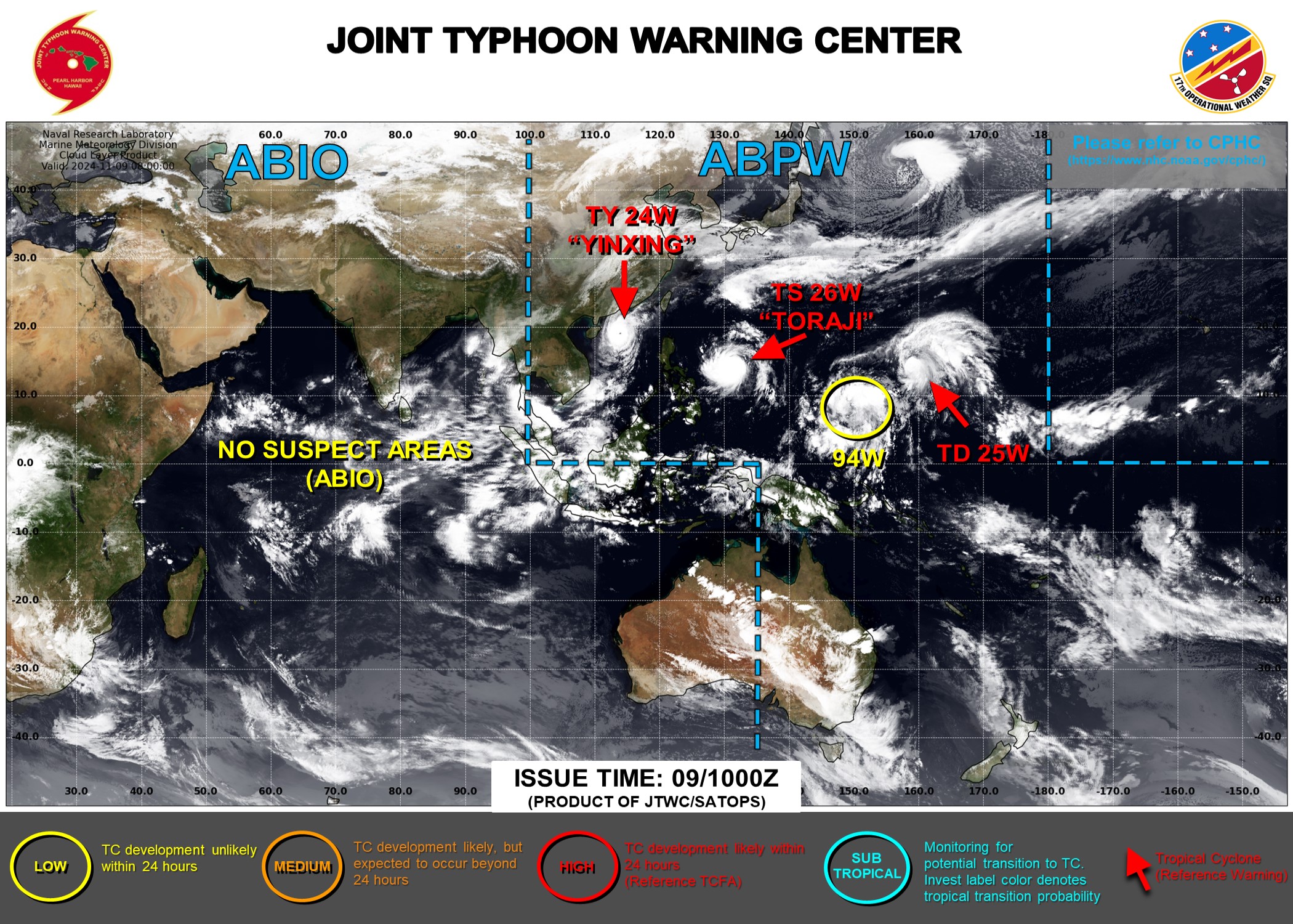 JTWC IS ISSUING 6HOURLY WARNINGS AND 3HOURLY SATELLITE BULLETINS ON 24W, 25W AND 26W.