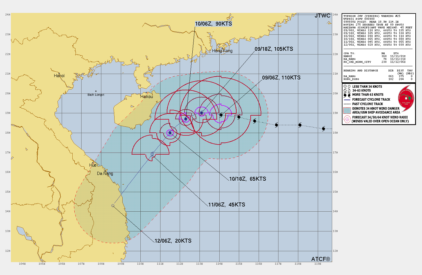 FORECAST REASONING.  SIGNIFICANT FORECAST CHANGES: THERE ARE NO SIGNIFICANT CHANGES TO THE FORECAST FROM THE PREVIOUS WARNING.  FORECAST DISCUSSION: TY 24W IS EXPECTED TO TRACK WESTWARD THROUGH TAU 12 THEN TURN SHARPLY WEST-SOUTHWESTWARD TO SOUTHWESTWARD AS IT TRACKS ALONG A NARROW EXTENSION OF THE STR. A MAJOR SHORTWAVE TROUGH  PROPAGATING OVER SOUTHEAST CHINA WILL WEAKEN THIS STR EXTENSION  BRIEFLY BEFORE FILLING AND TRANSITING INTO THE EAST CHINA SEA BY TAU  24. THIS WILL LIKELY SLOW THE SPEED OF ADVANCE BY TAU 12. AFTER TAU 24, THE STR EXTENSION WILL REBUILD TO THE NORTHWEST DRIVING THE  SYSTEM SOUTHWESTWARD OVER VIETNAM. TY 24W IS EXPECTED TO ENCOUNTER  SIGNIFICANT DRY AIR ENTRAINMENT AND SLIGHTLY COOLER SST (26C), WHICH  WILL SERVE TO RAPIDLY WEAKEN THE SYSTEM THROUGH TAU 72. ADDITIONALLY,  INCREASING VERTICAL WIND SHEAR (20-25 KNOTS) AND INTERACTION WITH LAND  WILL AID IN WEAKENING THE SYSTEM AFTER TAU 48.