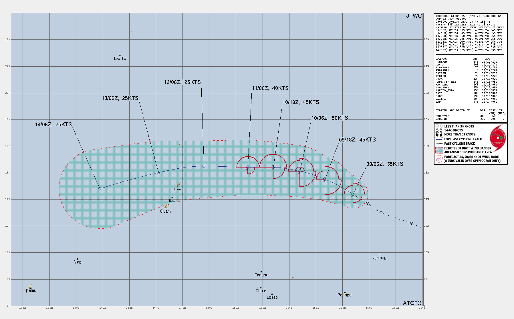 FORECAST REASONING.  SIGNIFICANT FORECAST CHANGES: THERE ARE NO SIGNIFICANT CHANGES TO THE FORECAST FROM THE PREVIOUS WARNING.  FORECAST DISCUSSION: TS 25W WILL TRACK NORTHWESTWARD THROUGH TAU 36  STEERED PRIMARILY BY THE SUBTROPICAL RIDGE (STR) TO THE NORTHEAST. AS  THE SYSTEM CONTINUES TO INTENSIFY, REACHING PEAK INTENSITY OF 50 KTS  NEAR TAU 36, ANOTHER STR WILL BECOME THE DOMINANT UPPER-LEVEL  FEATURE, LEADING TS 25W ON A MORE WESTWARD TRACK. AS THE SYSTEM  TRANSITS WEST, IT WILL BE EXPOSED TO INCREASINGLY STRONG VERTICAL  WIND SHEAR, REACHING 25-30 KTS BY TAU 48. ADDITIONALLY, IT WILL  INTERACT WITH A POCKET OF DRY AIR, FURTHER HINDERING ITS DEVELOPMENT  AT THAT STAGE, LEADING TO STEADY WEAKENING THROUGHOUT THE REST OF  FORECAST PERIOD. AT TAU 72 THE SYSTEM STEERING PATTERN WILL DIRECT IT  ON A WEST-SOUTHWESTWARD TRACK, AS IT PASSES NORTH OF THE NORTHERN  MARIANA ISLANDS.