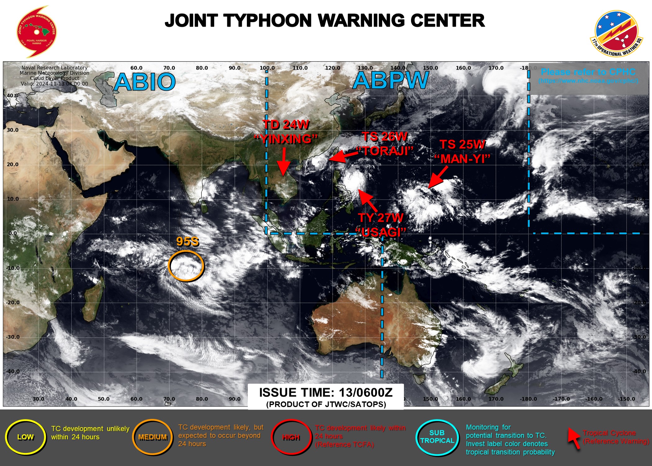 JTWC IS ISSUING 6HOURLY WARNINGS AND 3HOURLY SATELLITE BULLETINS ON 27W, 25W, 26W. 3HOURLY SATELLITE BULLETINS ARE ISSUED ON THE REMNANTS OF 24W AND ON INVEST 95S.